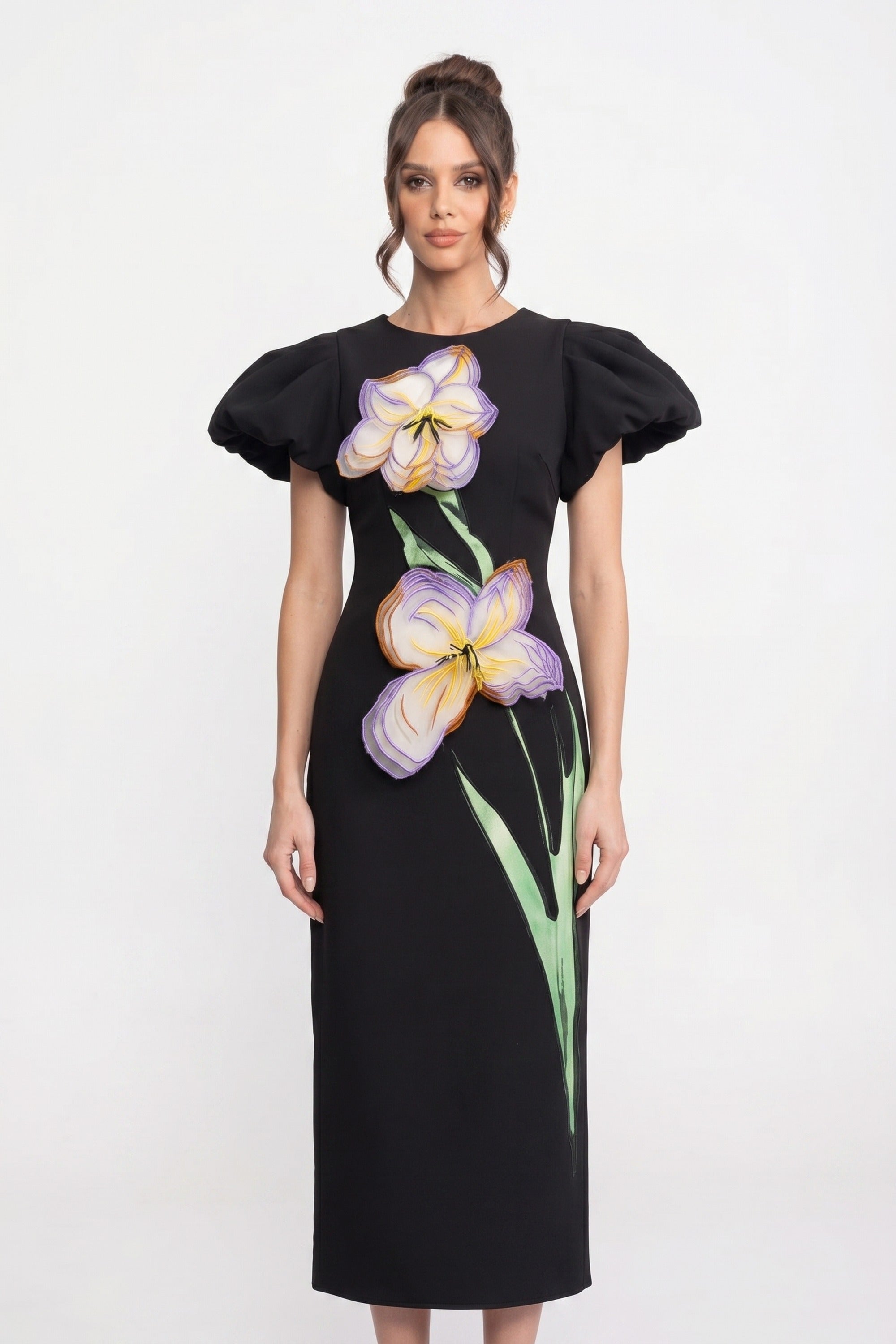 Rochie maxi structurată cu umeri accentuați și aplicații florale 3D Iris - Negru 