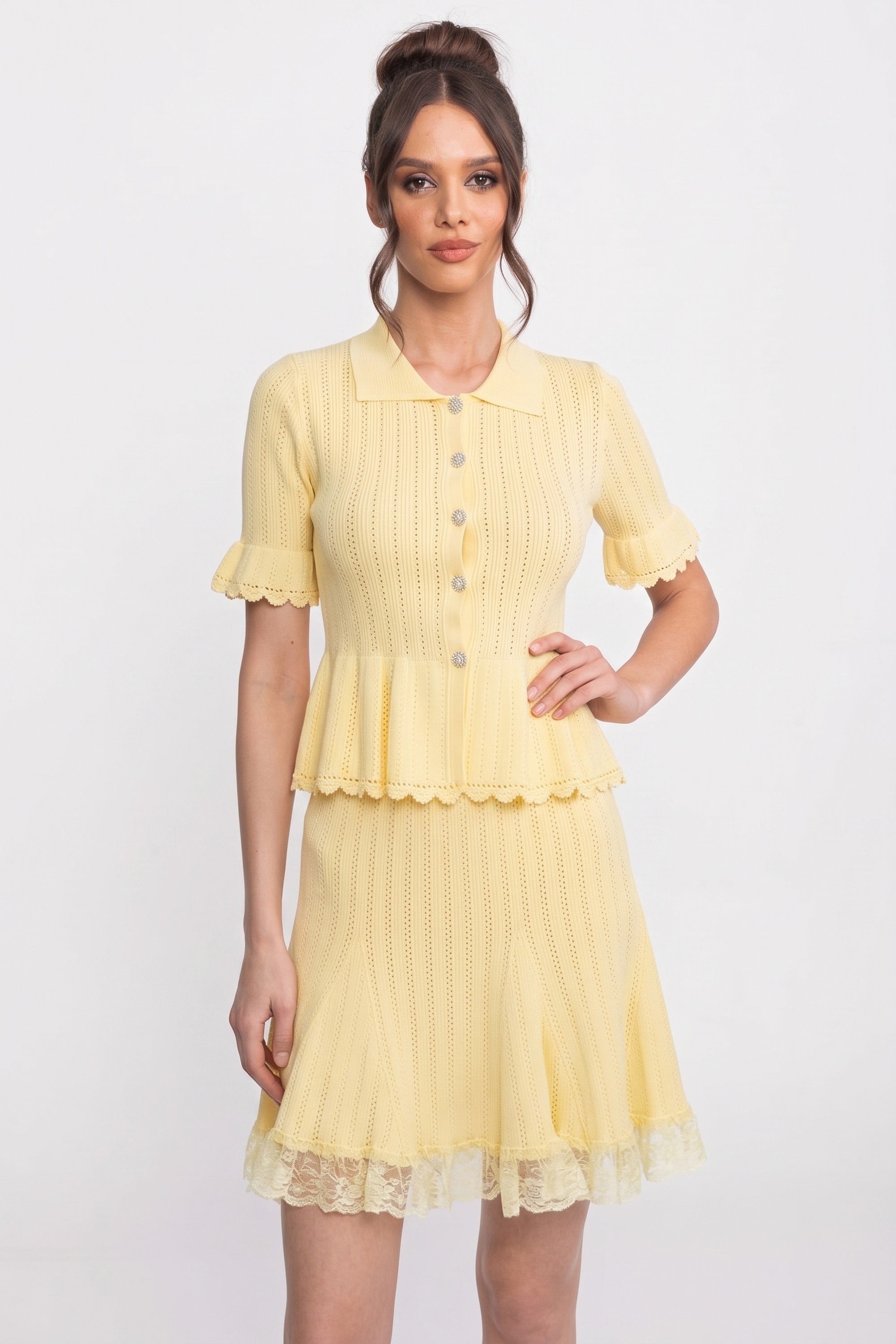 Rochie mini tricotată Peplum cu guler Peter Pan și tiv din dantelă - Galben 