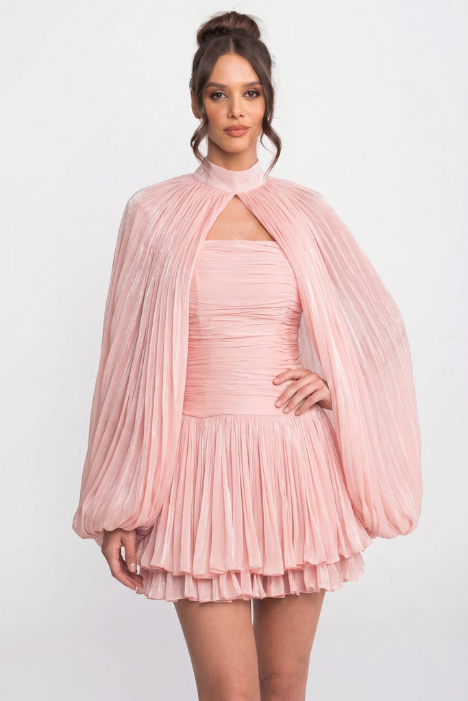 Rochie mini cu guler înalt, mâneci balon și fustă plisată - roz 