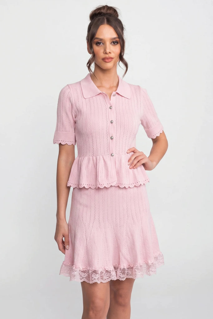 Rochie mini tricotată peplum cu guler Peter Pan și tiv din dantelă - roz 