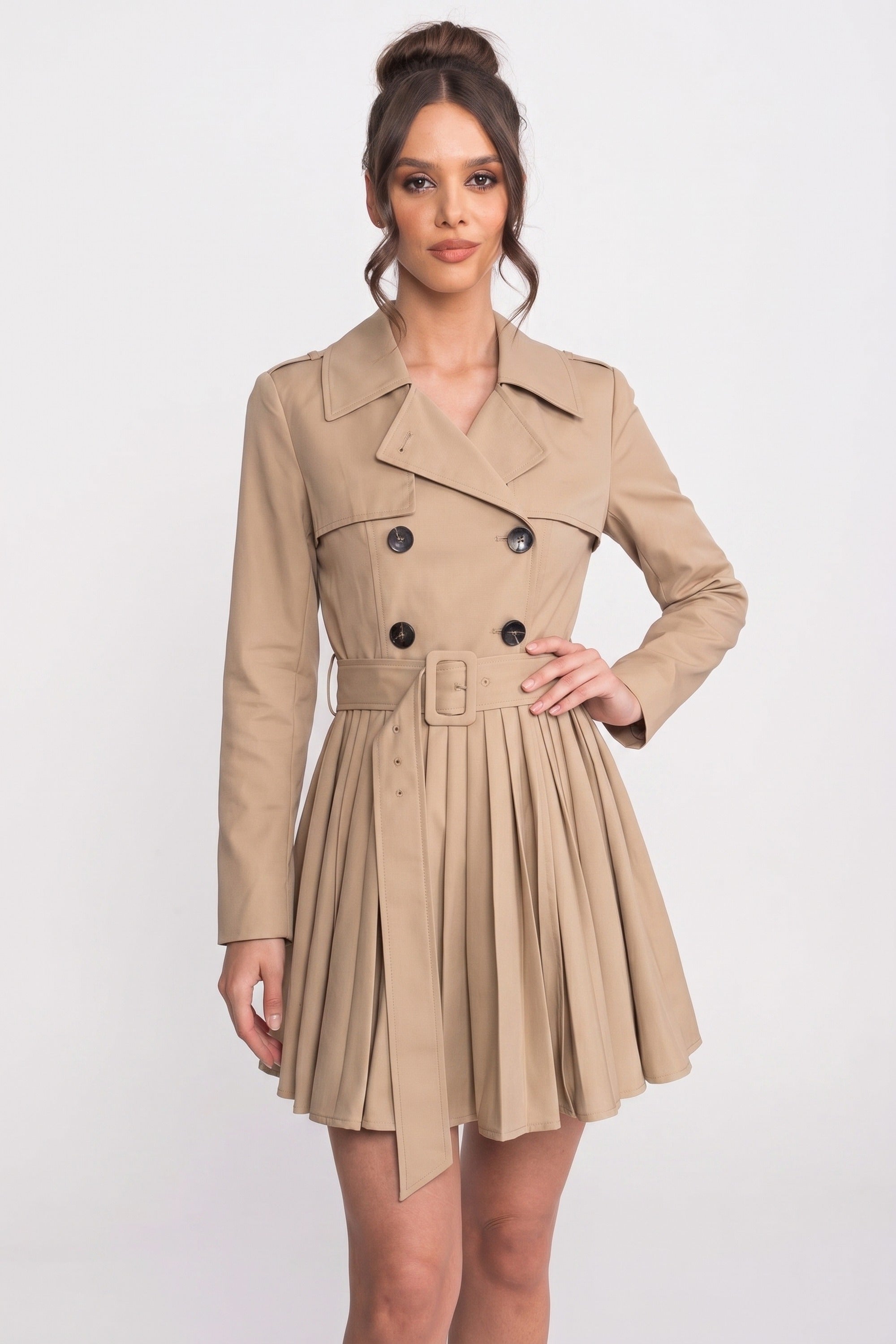 Trench coat cu două rânduri de nasturi și curea, cu fustă plisată - Khaki 