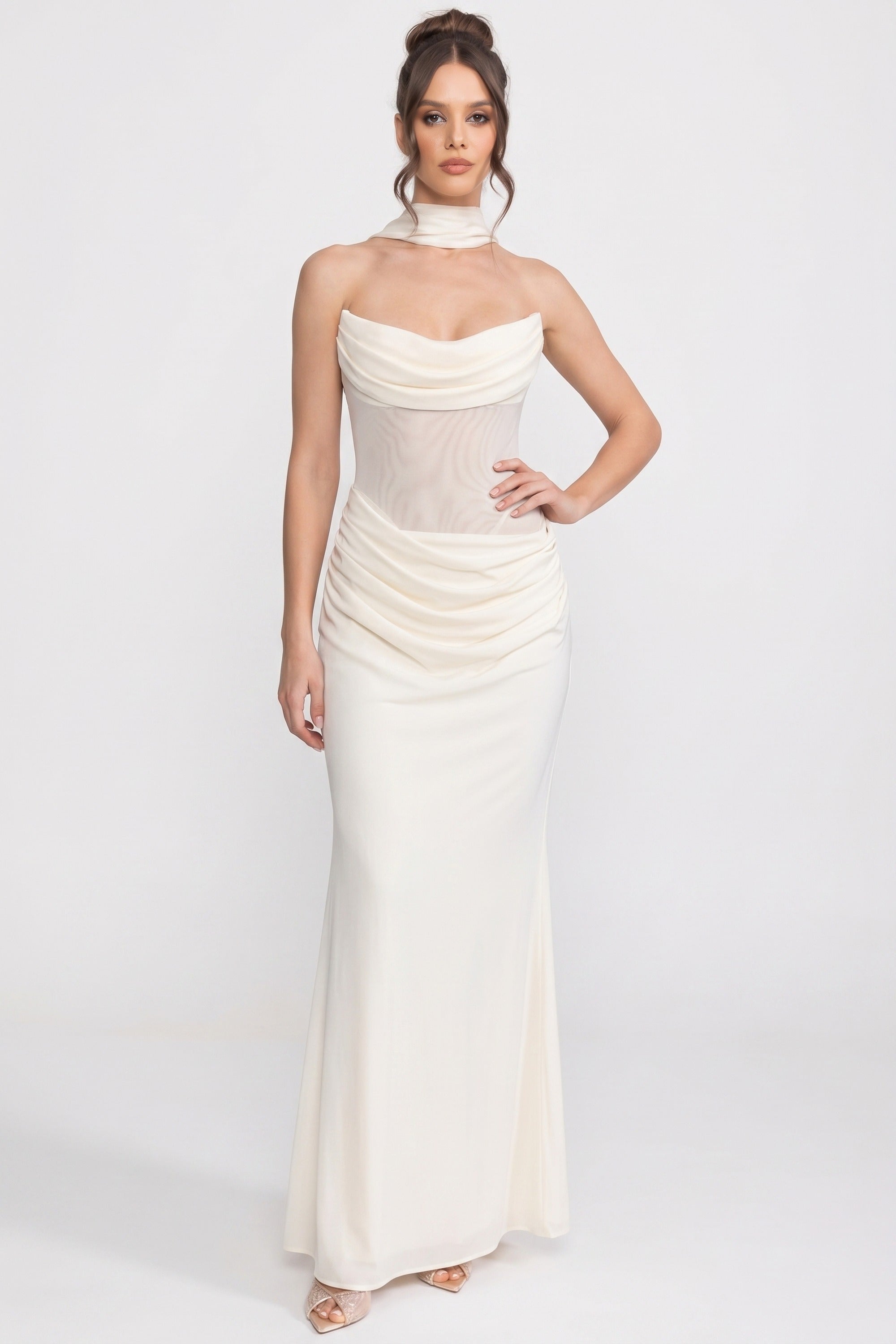 Strapless Draped Maxi Gown With Cowl Neckline And Sheer Scarf - White