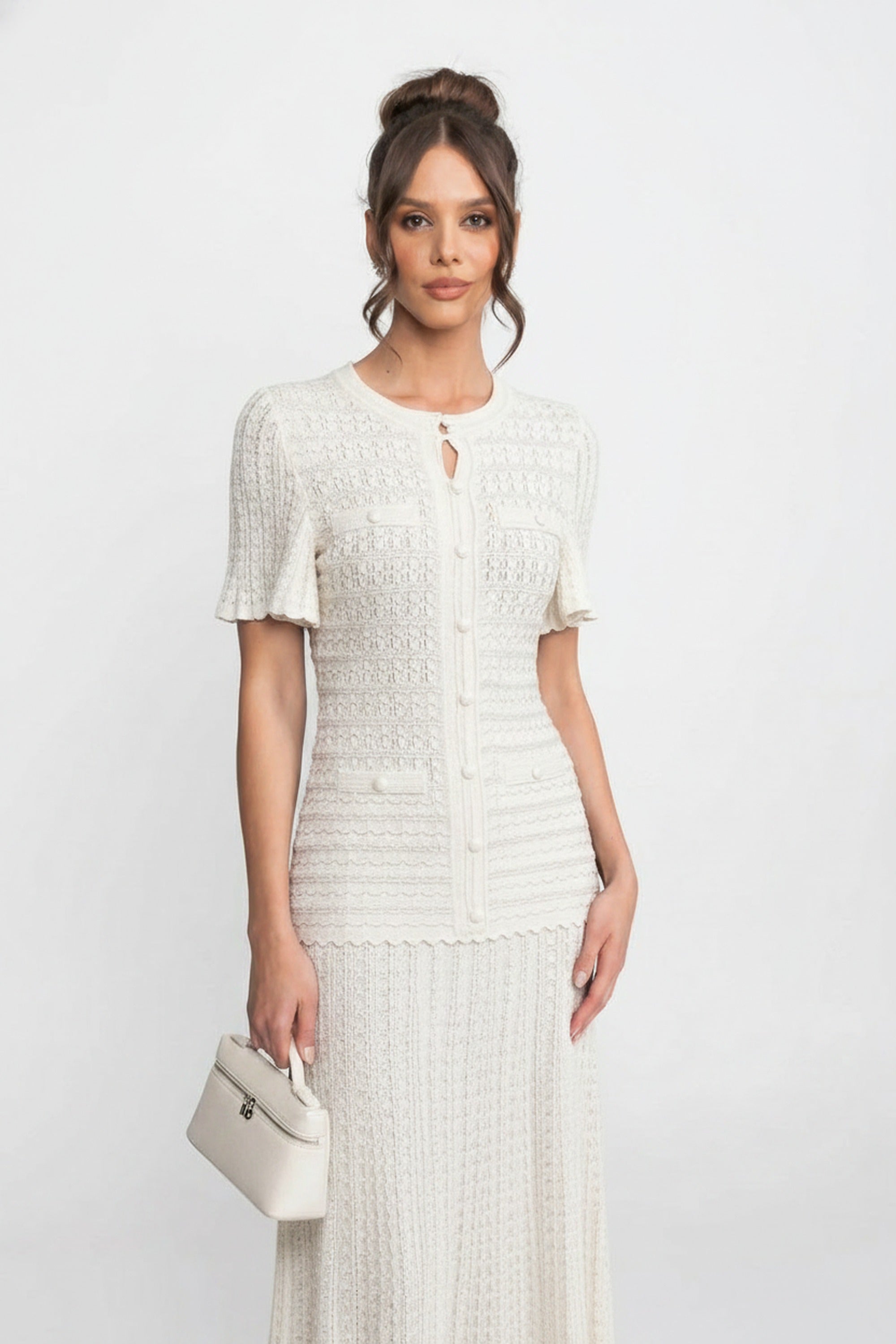 Rochie midi cu mânecă scurtă și textură tricotată cu sclipiri - Alb 