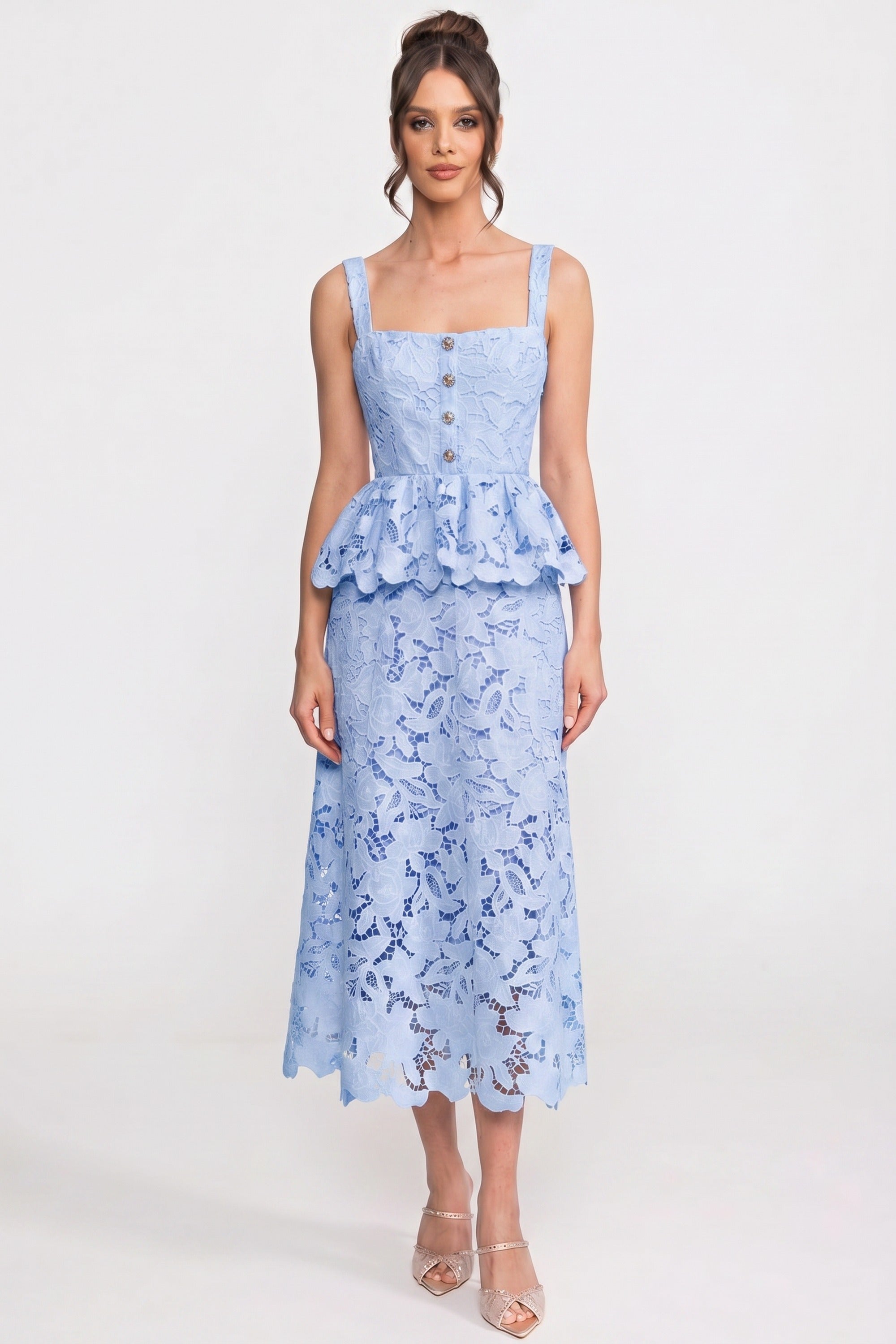 Rochie fără mâneci din dantelă, cu peplum, fustă midi și nasturi aurii - Albastru 