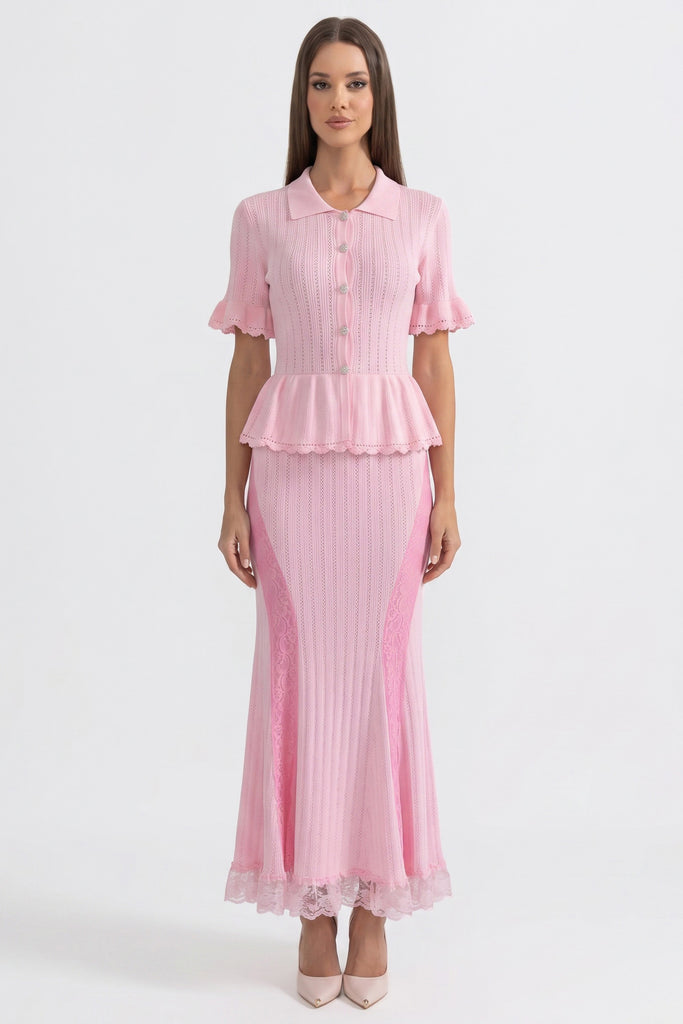 Rochie maxi tricotată peplum cu guler Peter-Pan și tiv din dantelă - Pink 