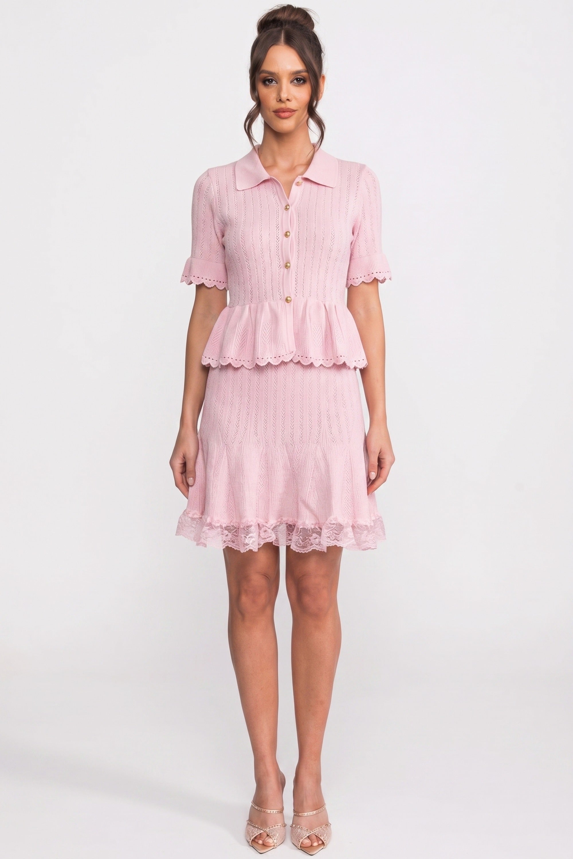 Polo-Collar Mini Dress With Button Top, Peplum Waist And Lace Hem - Pink