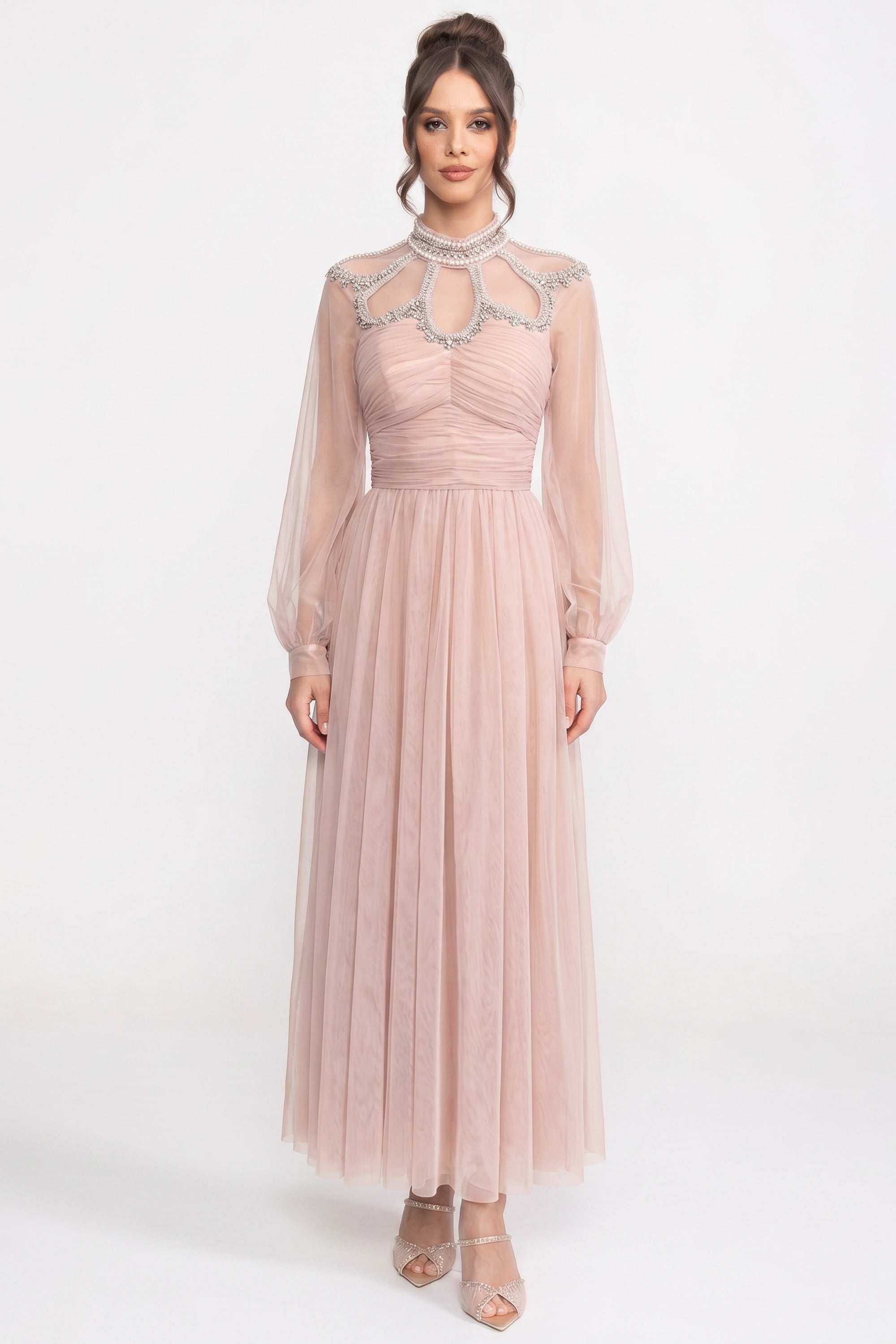 Rochie Elegantă cu Mâneci Lungi, Guler Înalt și Corp Plisat - Peach 