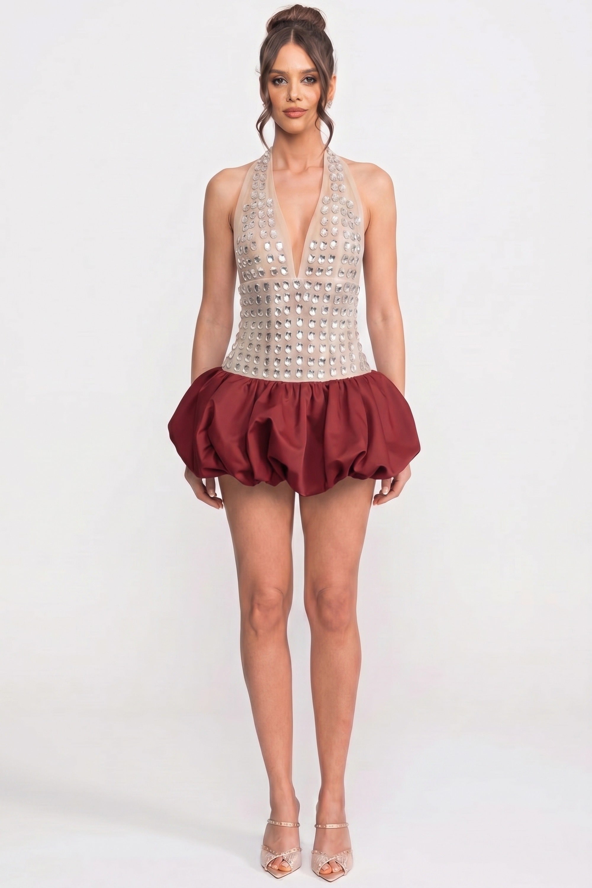 Rochie mini halter cu aplicații de cristale și fustă bubble - Roșu 