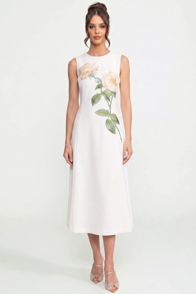 Rochie midi fără mâneci cu aplicație florală 3D și fustă amplă - Alb 
