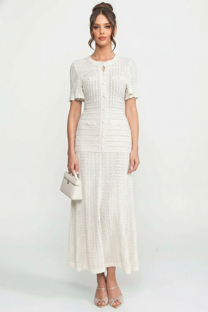 Rochie midi cu mânecă scurtă și textură tricotată cu sclipiri - Alb 