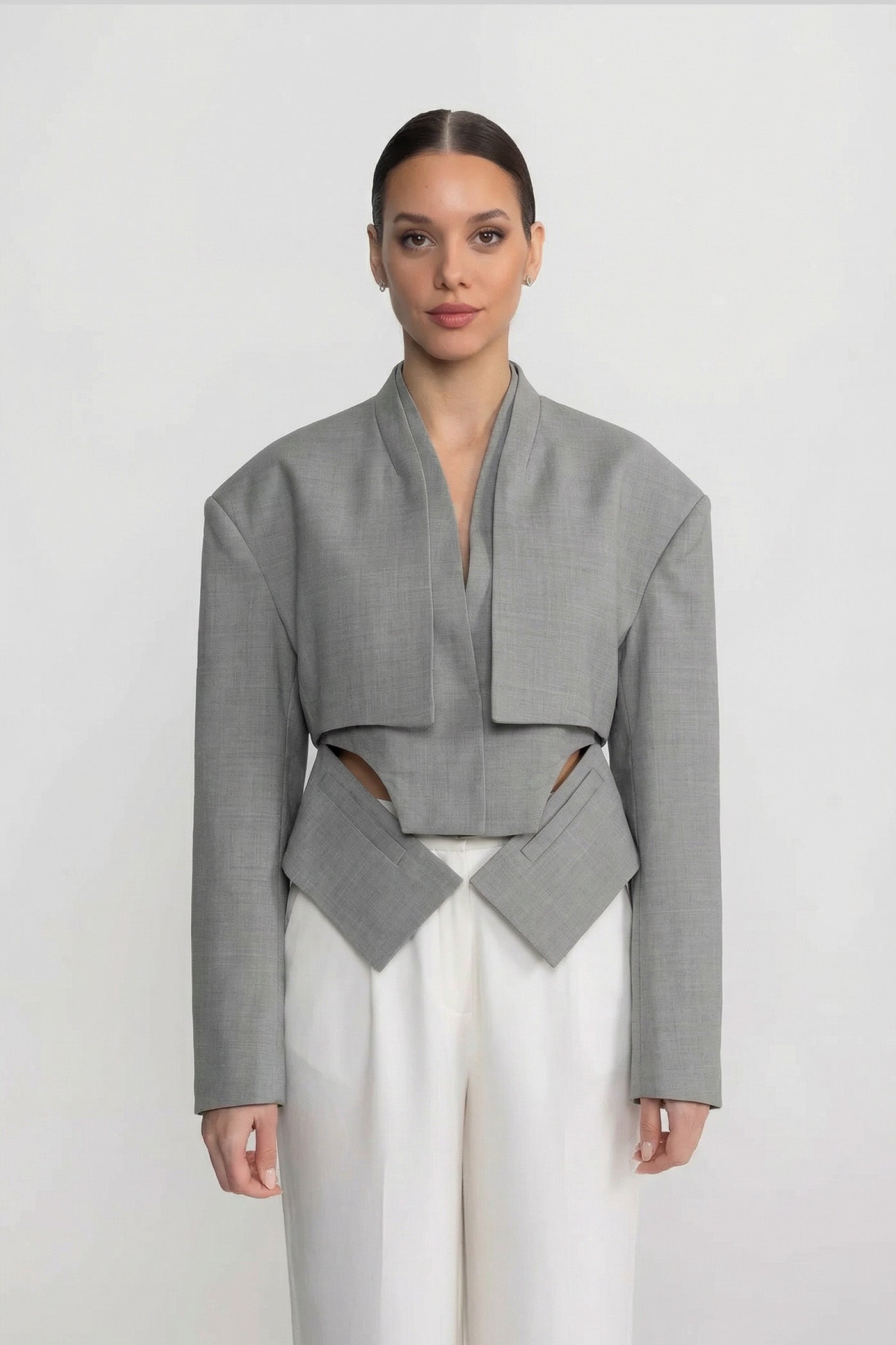 Cropped Long Sleeve Blazer With Cut-Out Waist Detail - Gray