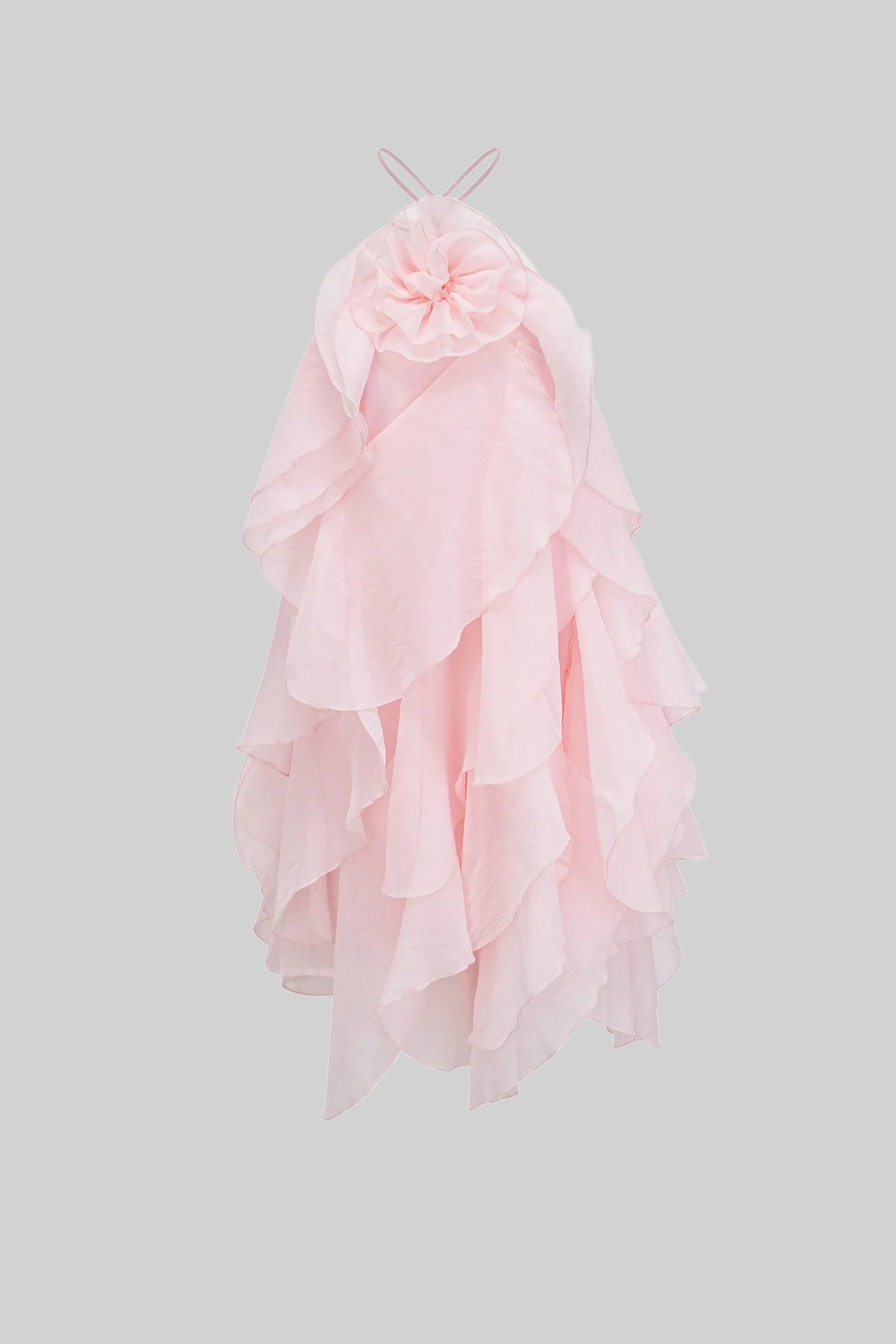 Rochie mini cu volane stratificate și guler halter cu flori 3D - Roz 