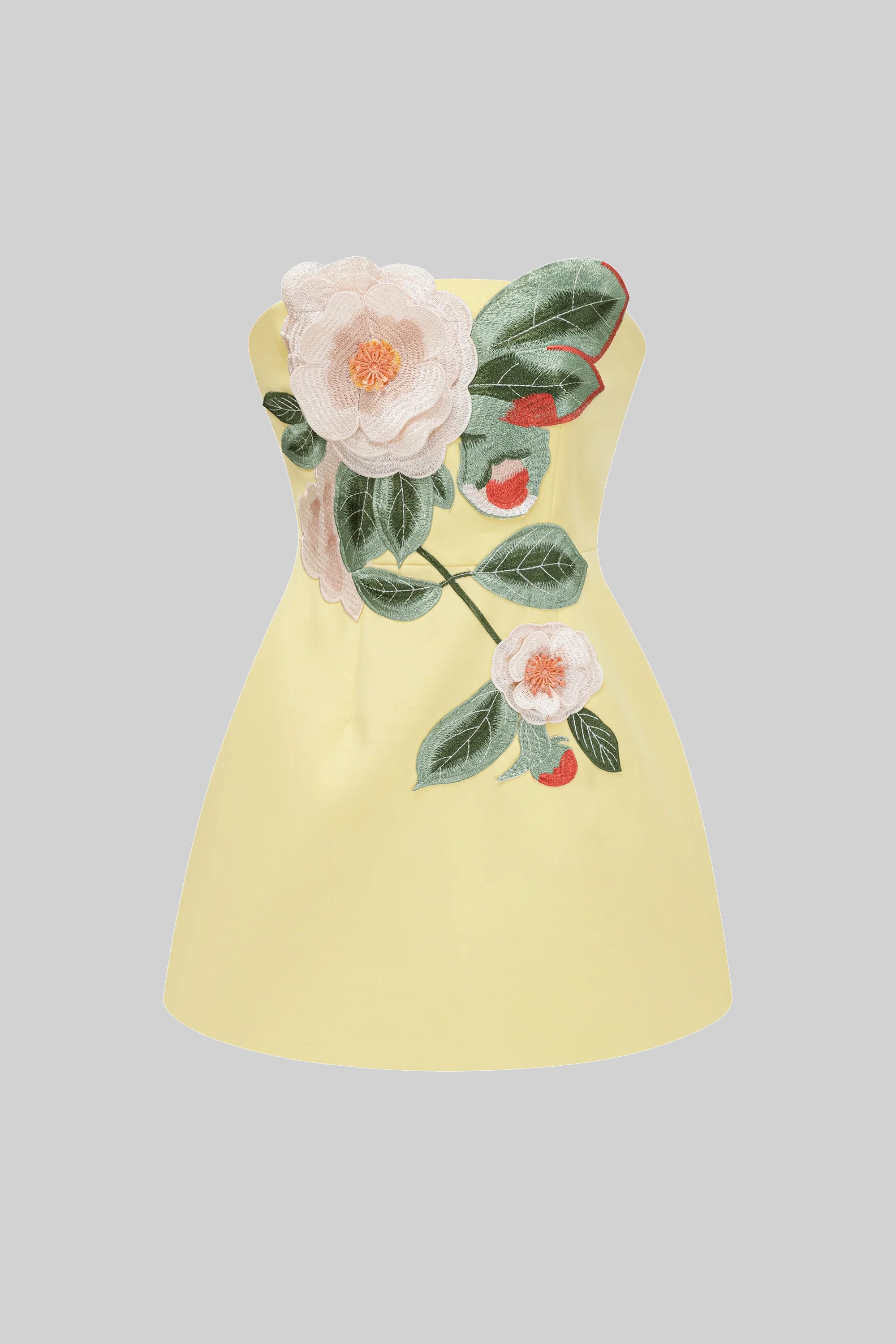Rochie mini fără bretele cu aplicație florală Camellia 3D - Galben 