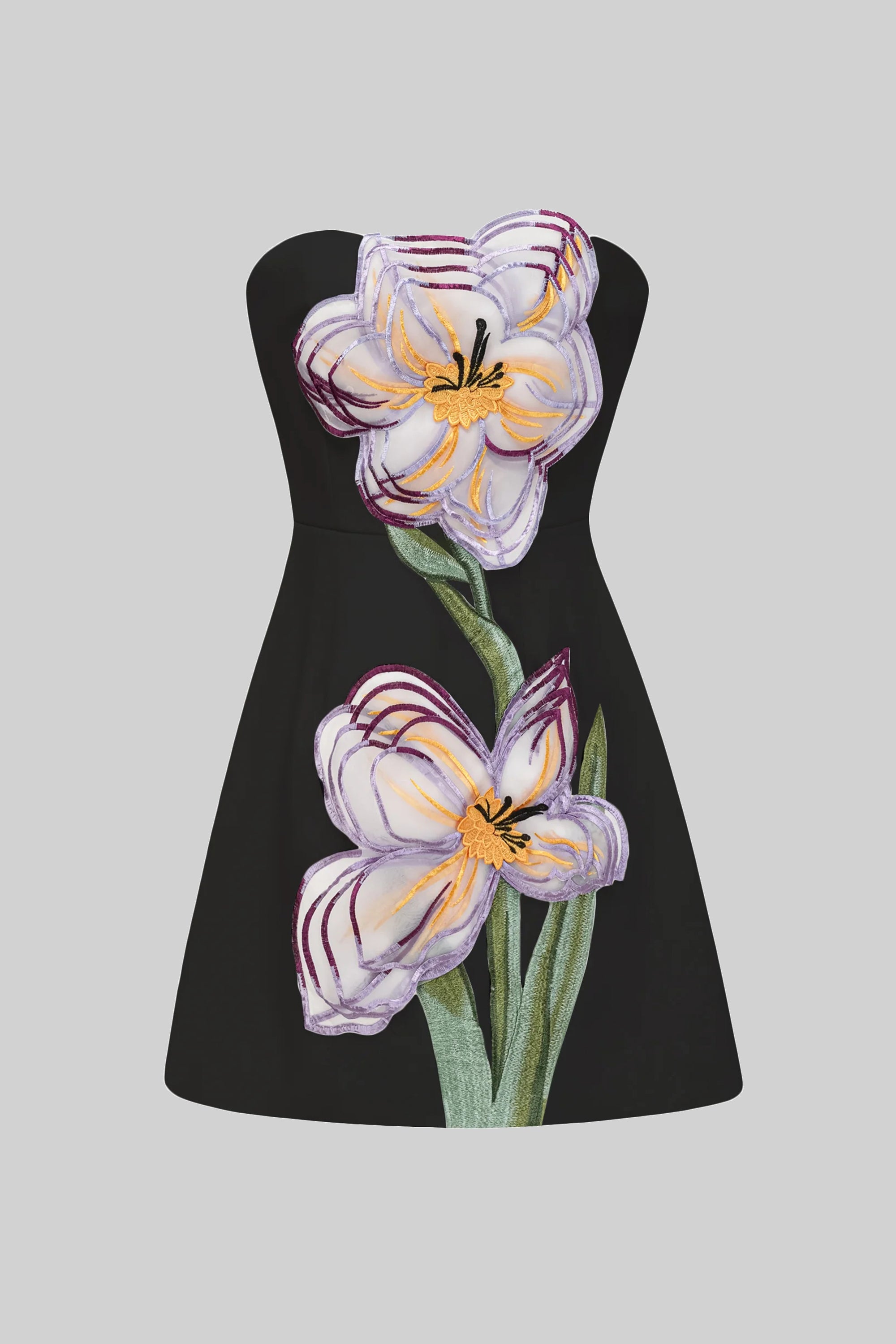 Rochie mini fără bretele cu aplicație florală iris 3D - Negru 