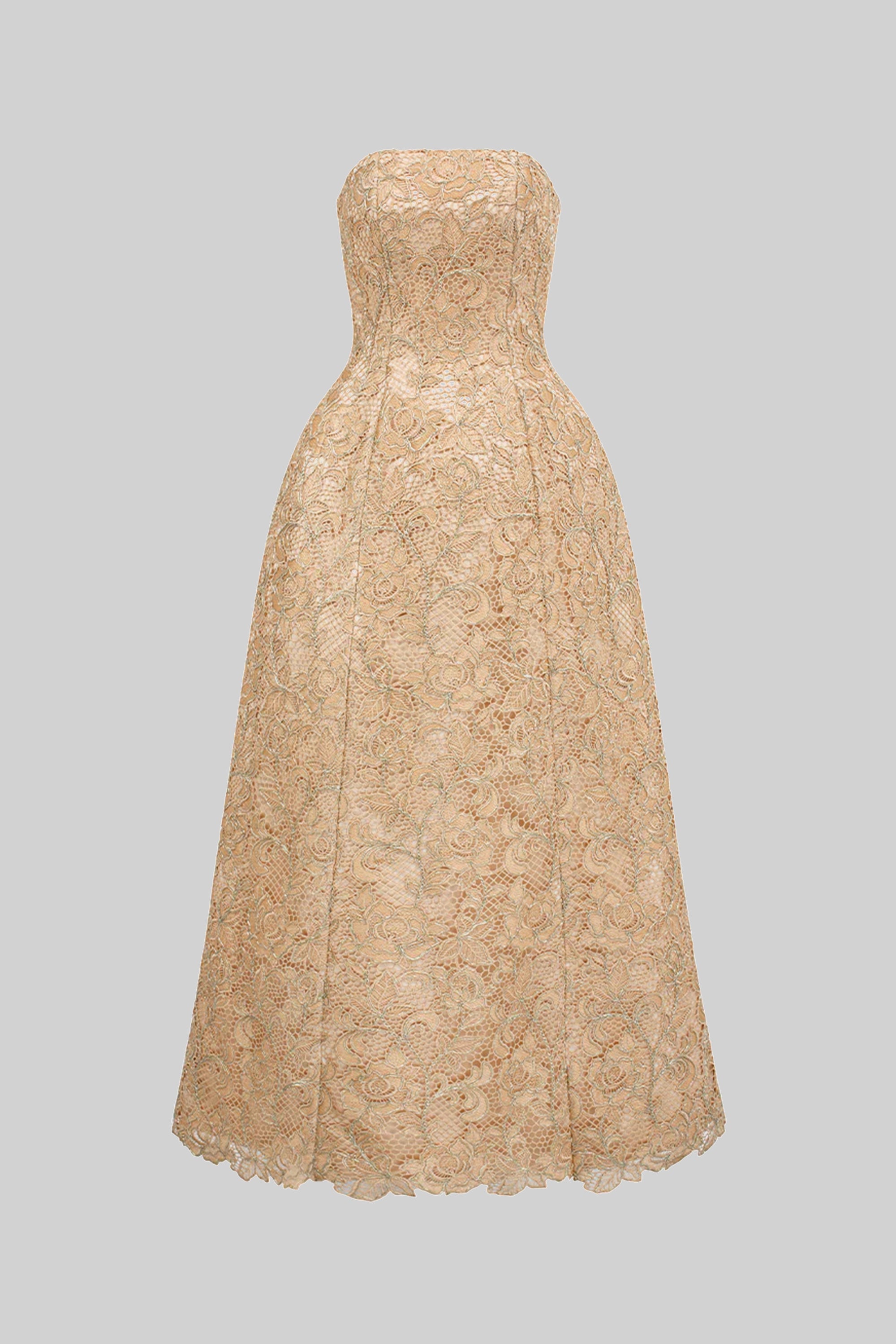 Rochie de gală cu dantelă florală, fără bretele, cu fustă amplă în linie A - Gold 