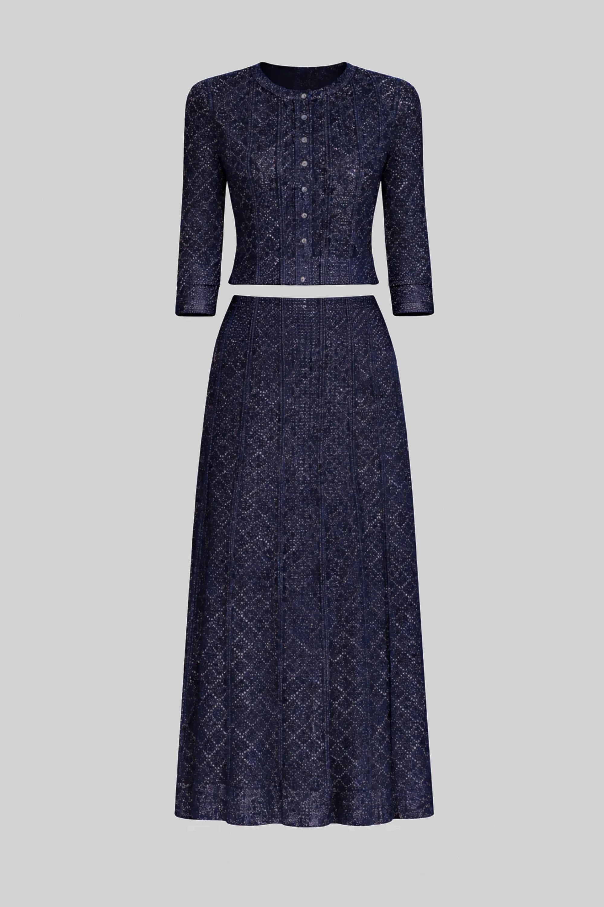 Long-Sleeve Diamond-Pattern Lace Co-Ord Set With Maxi Skirt - Navy