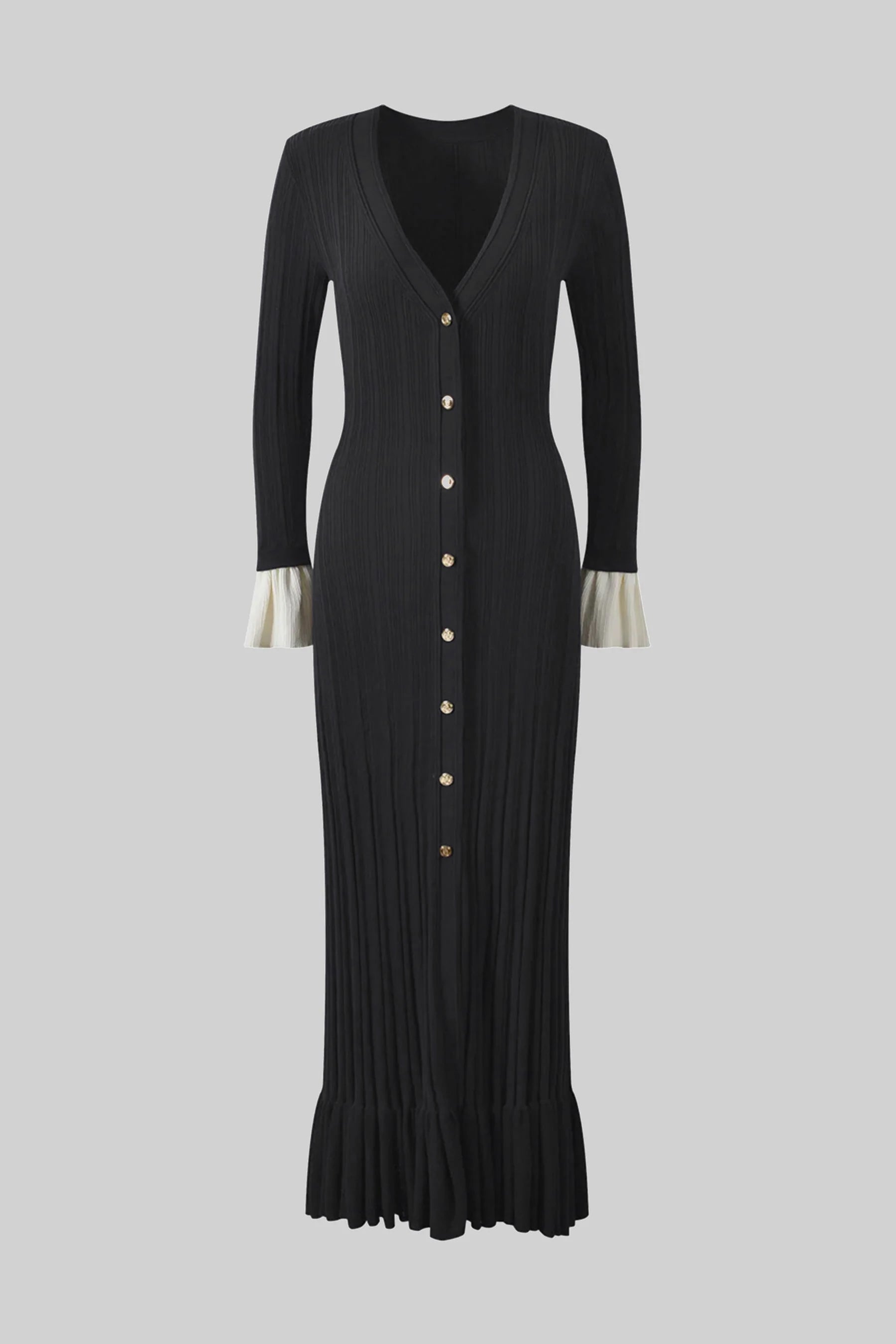 Rochie maxi tricotată plisată cu mânecă lungă, închidere frontală cu nasturi și manșete în contrast - Navy 