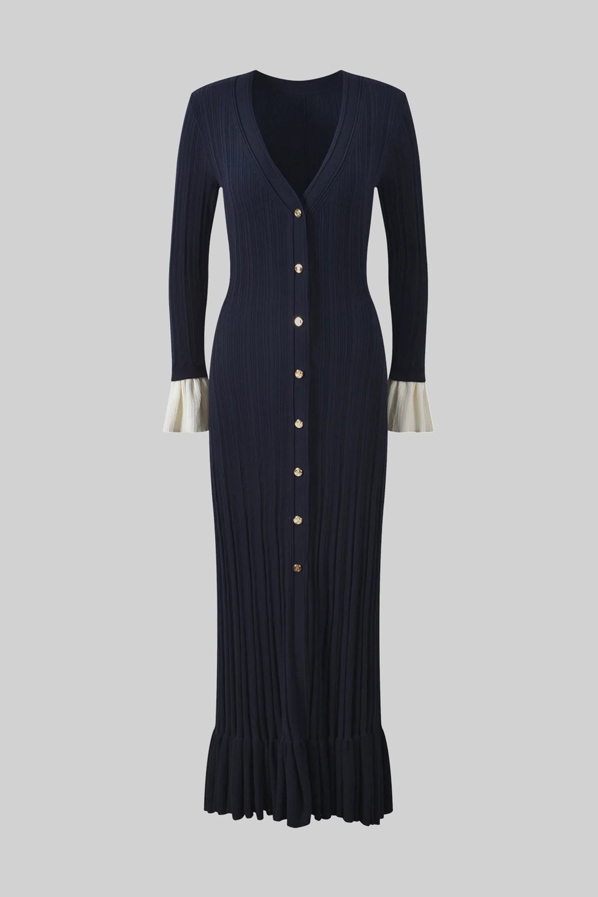 Rochie maxi tricotată plisată cu mânecă lungă, închidere frontală cu nasturi și manșete în contrast - Navy 