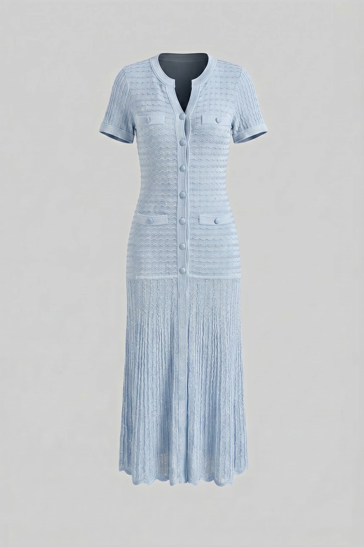 Rochie midi cu mânecă scurtă și textură tricotată strălucitoare - Light Blue 