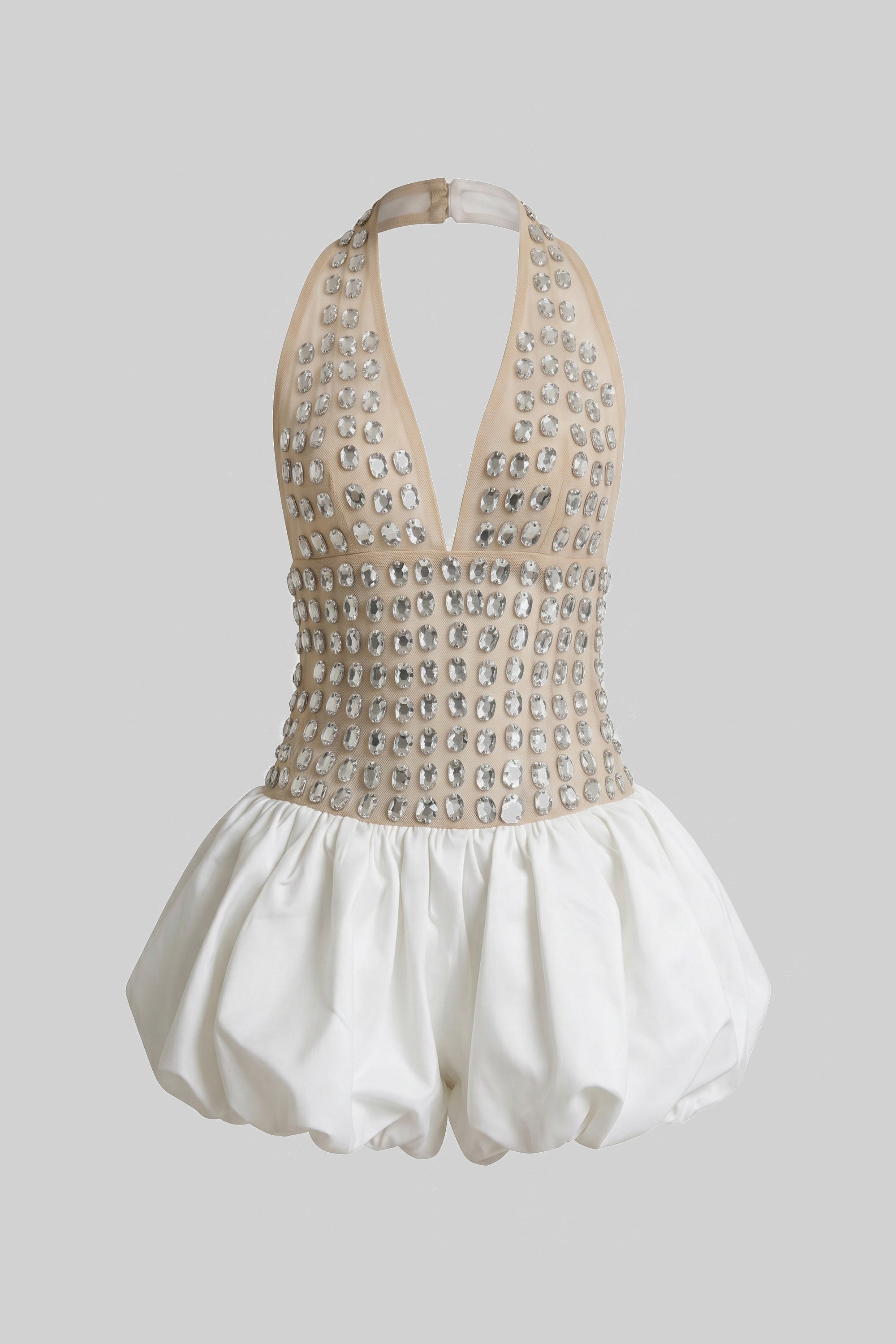 Rochie mini halter cu aplicații de cristale și fustă tip bubble - Albă 