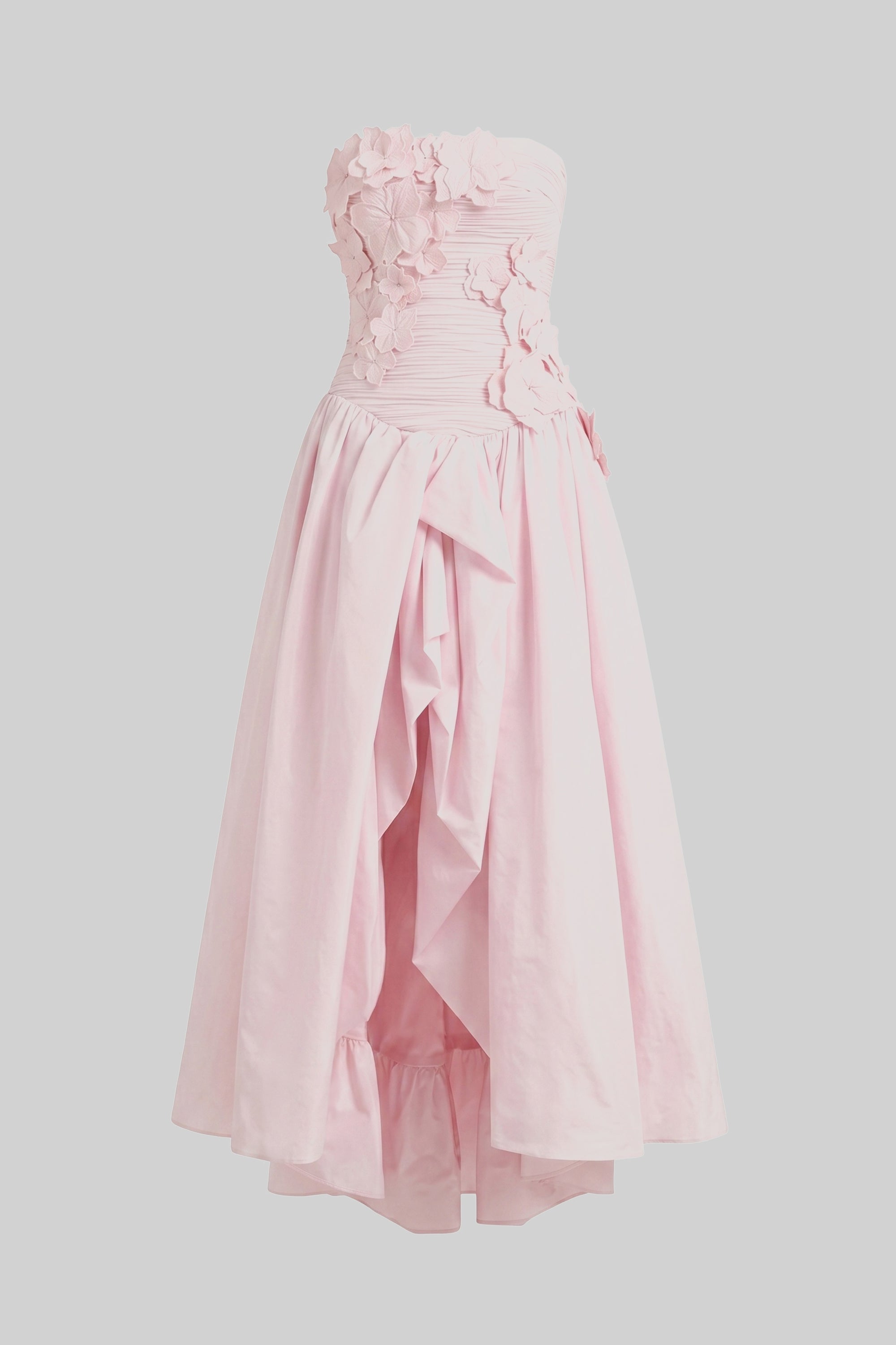 Rochie tip ballgown fără bretele, cu corsaj floral 3D și fustă amplă - Pink 