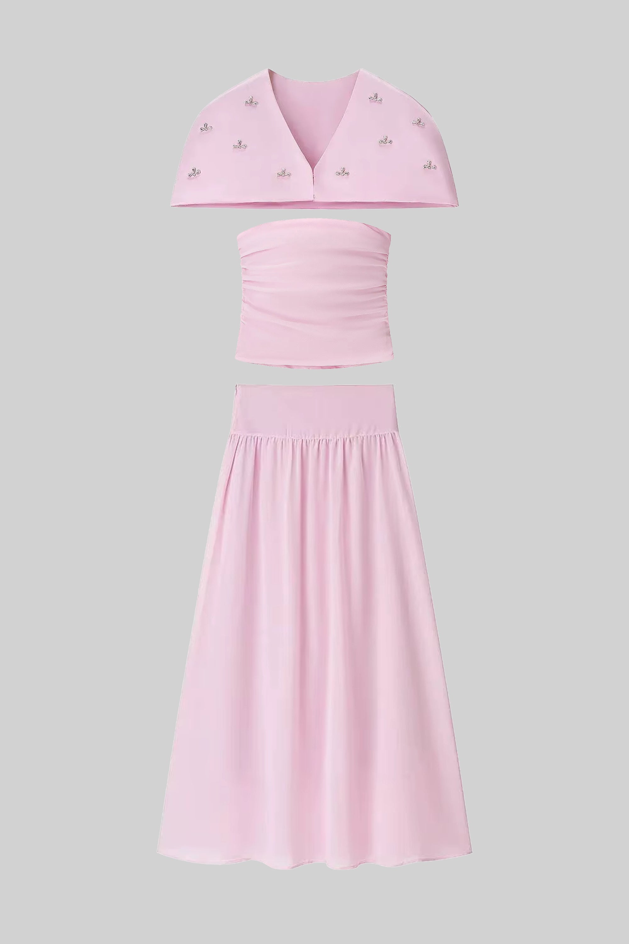 Set co-ord din 3 piese cu top drapat, cape detașabilă și fustă maxi - roz 