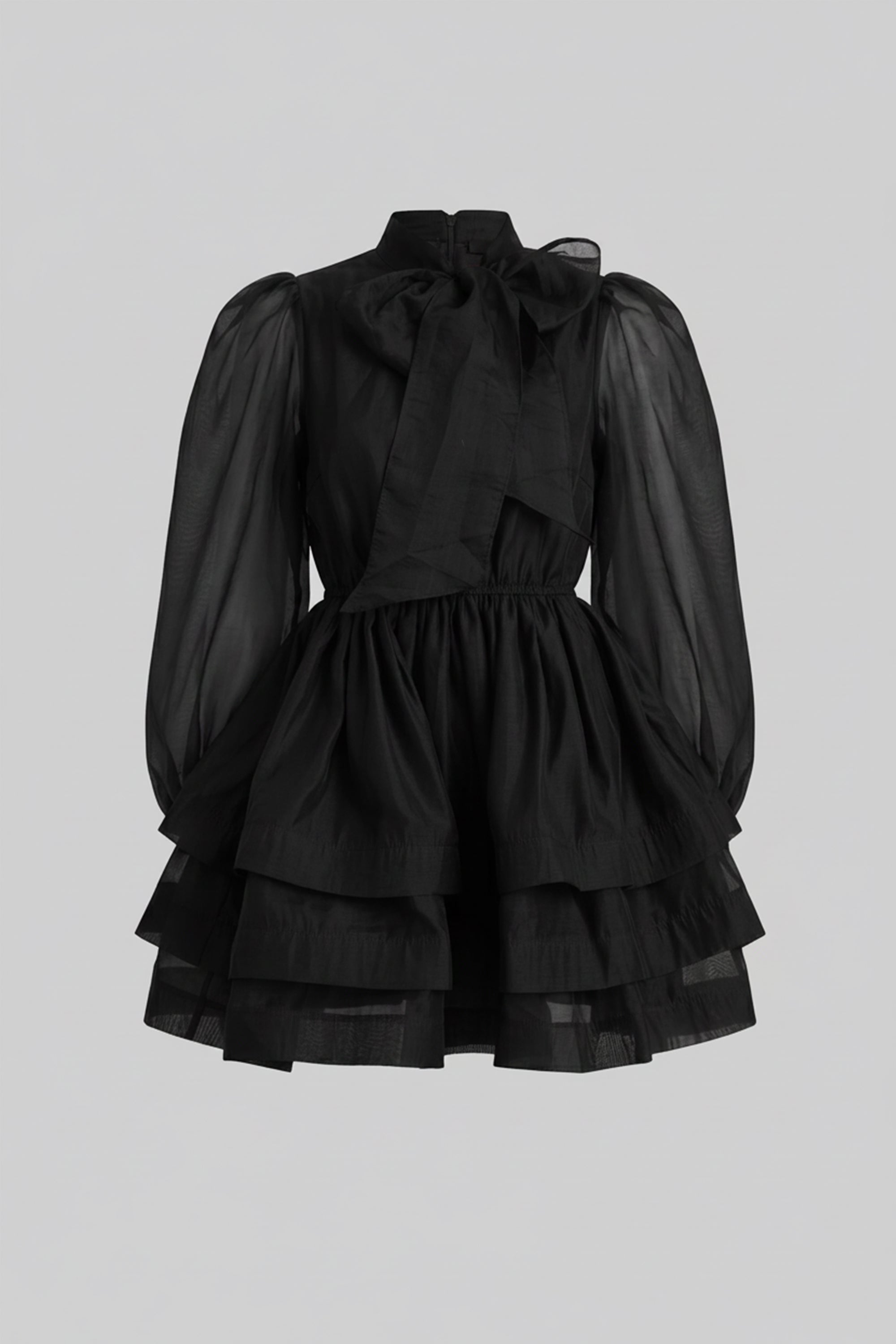 Rochie mini cu guler înalt și mâneci bufante, cu fustă cu volane suprapuse și fundă - Negru 