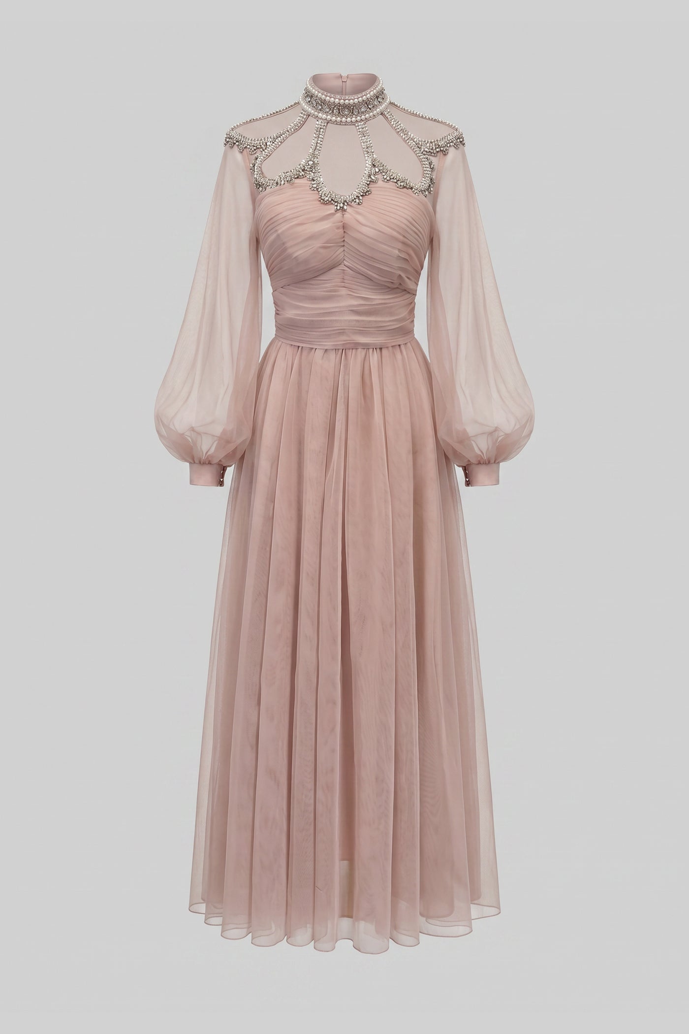 Rochie Elegantă cu Mâneci Lungi, Guler Înalt și Corp Plisat - Peach 