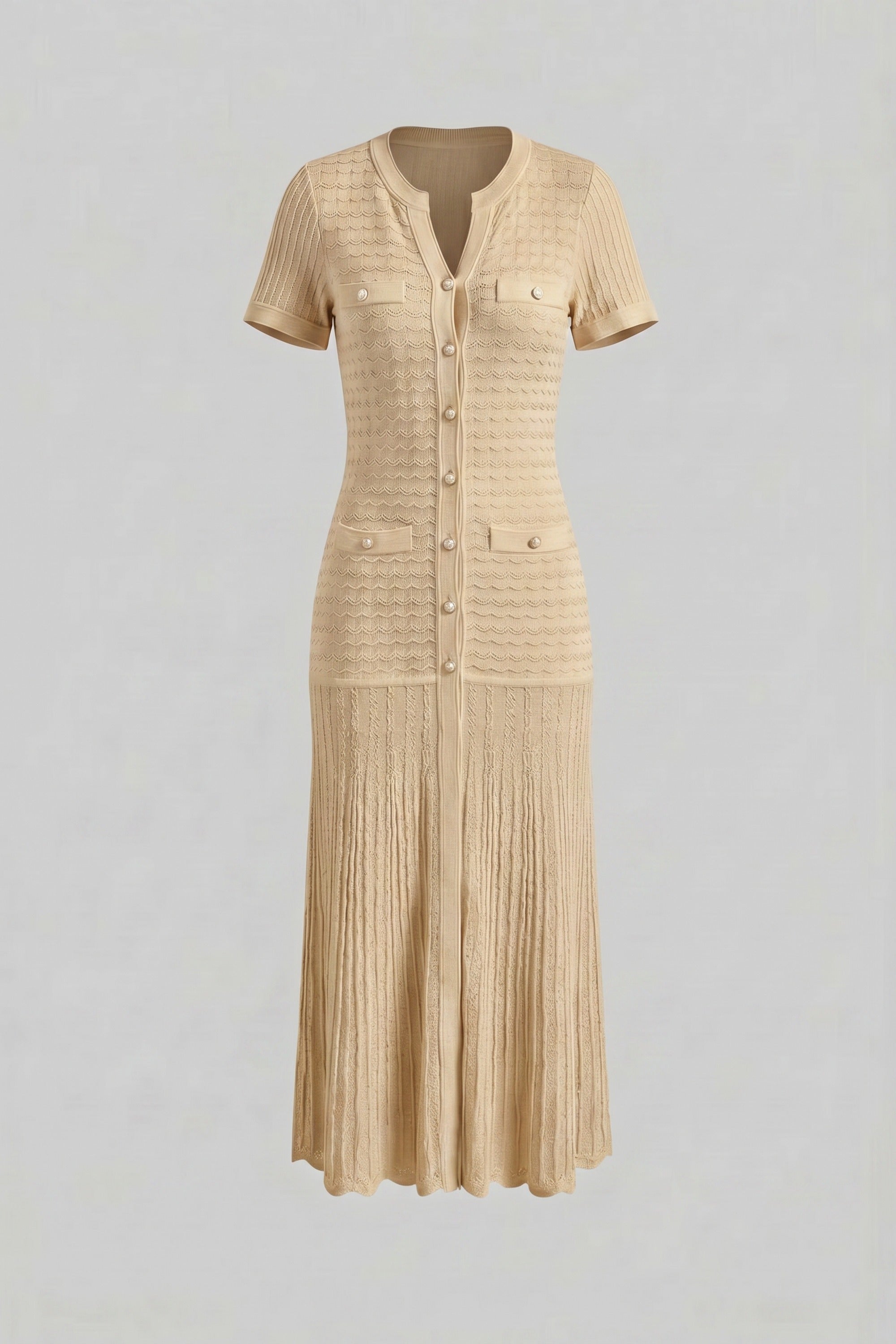 Rochie midi cu mânecă scurtă și textură tricotată cu sclipiri - Beige 