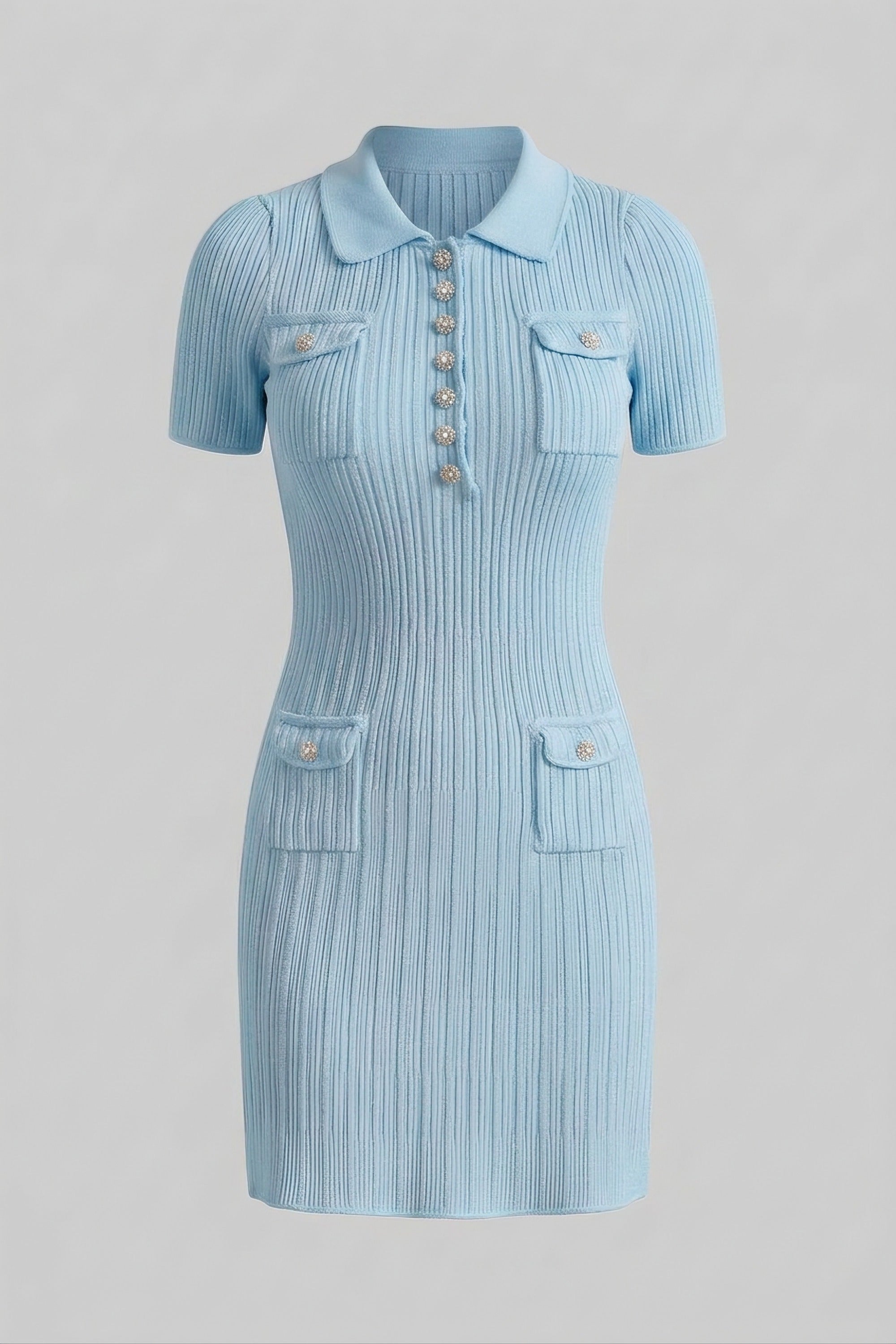 Rochie mini tricotată cu textură rib și închidere cu nasturi în față - Baby Blue 