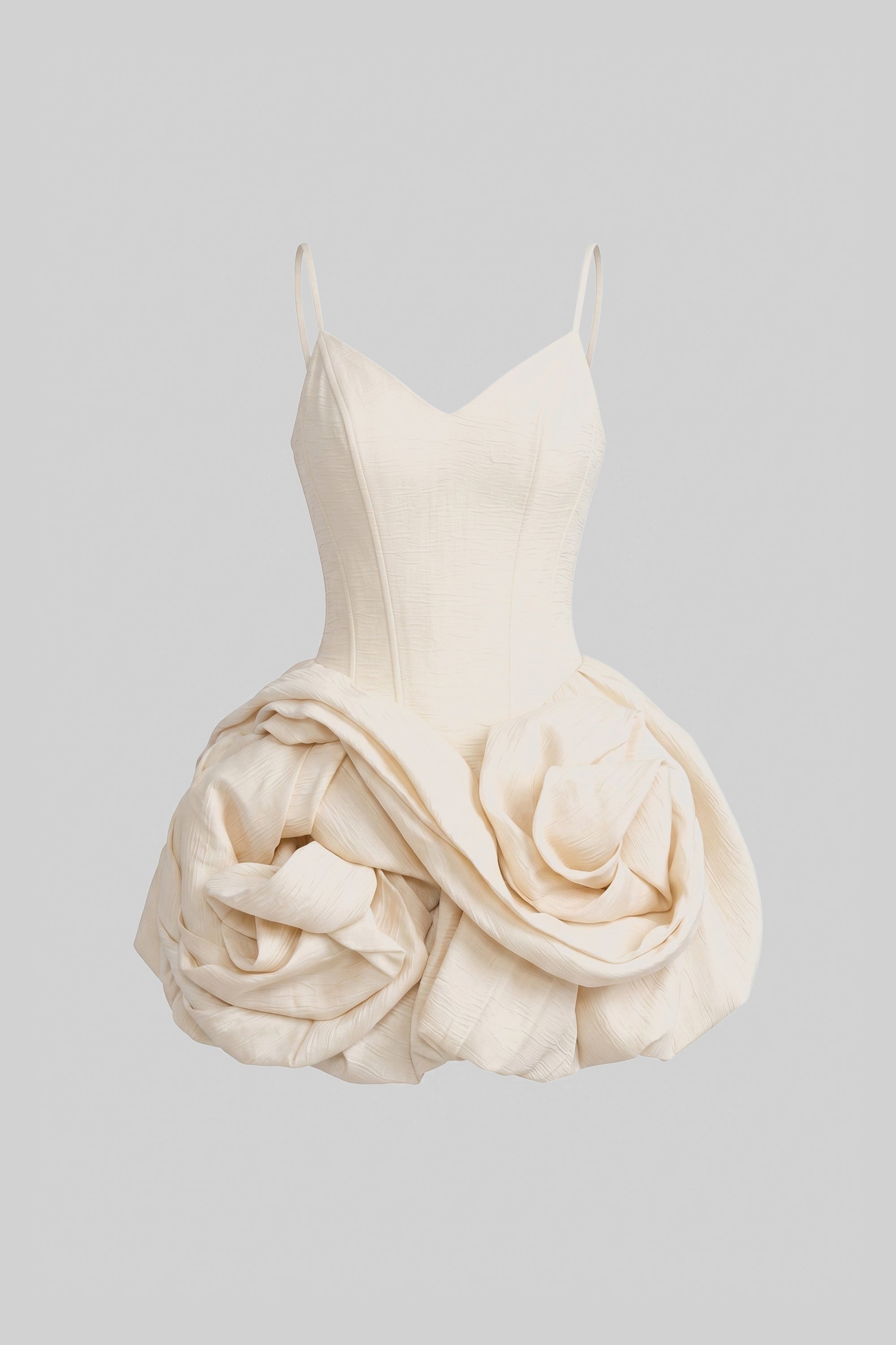 Rochie mini din catifea cu bretele spaghetti și fustă cu trandafiri 3D - Ivoire 