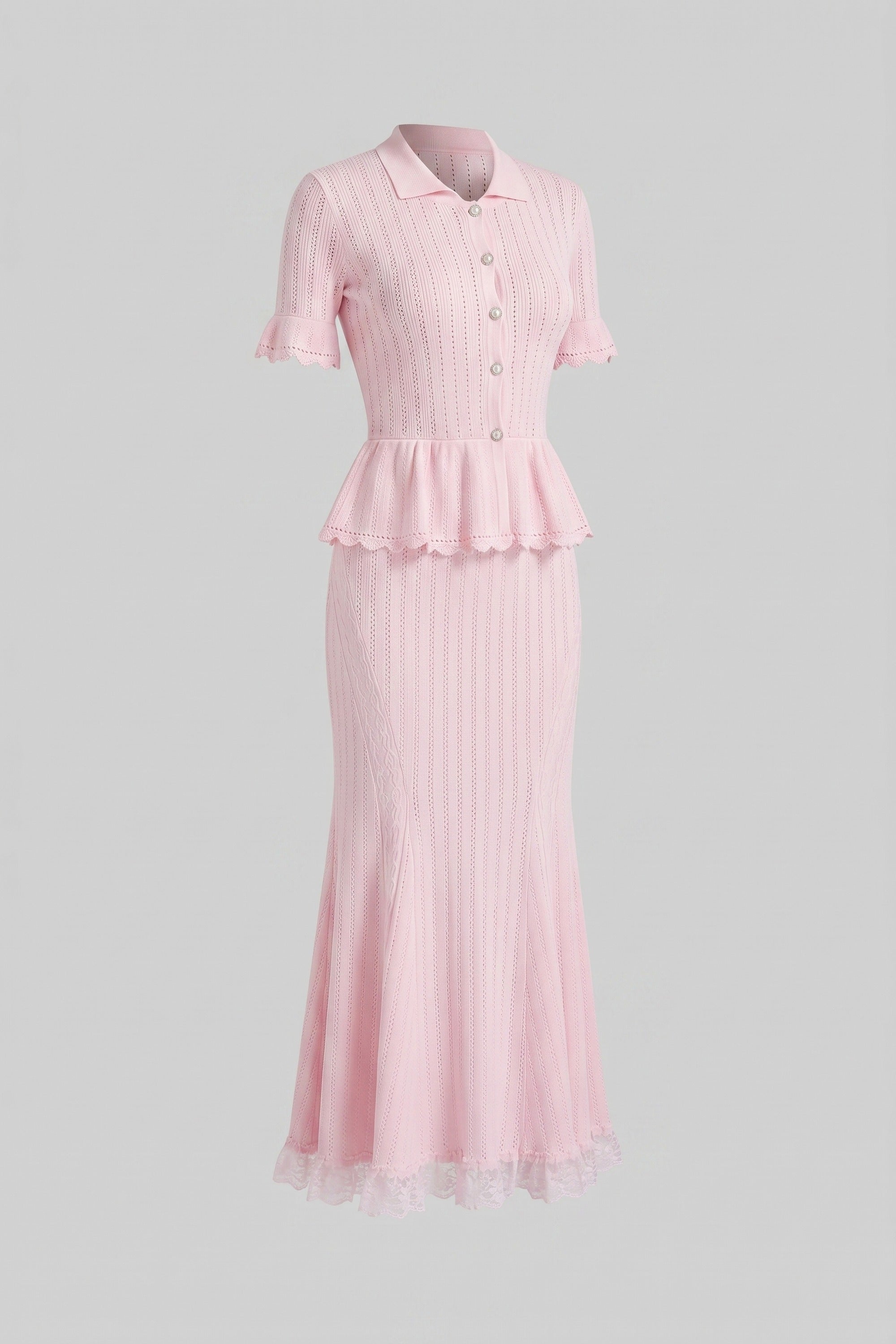Rochie maxi tricotată peplum cu guler Peter-Pan și tiv din dantelă - Pink 