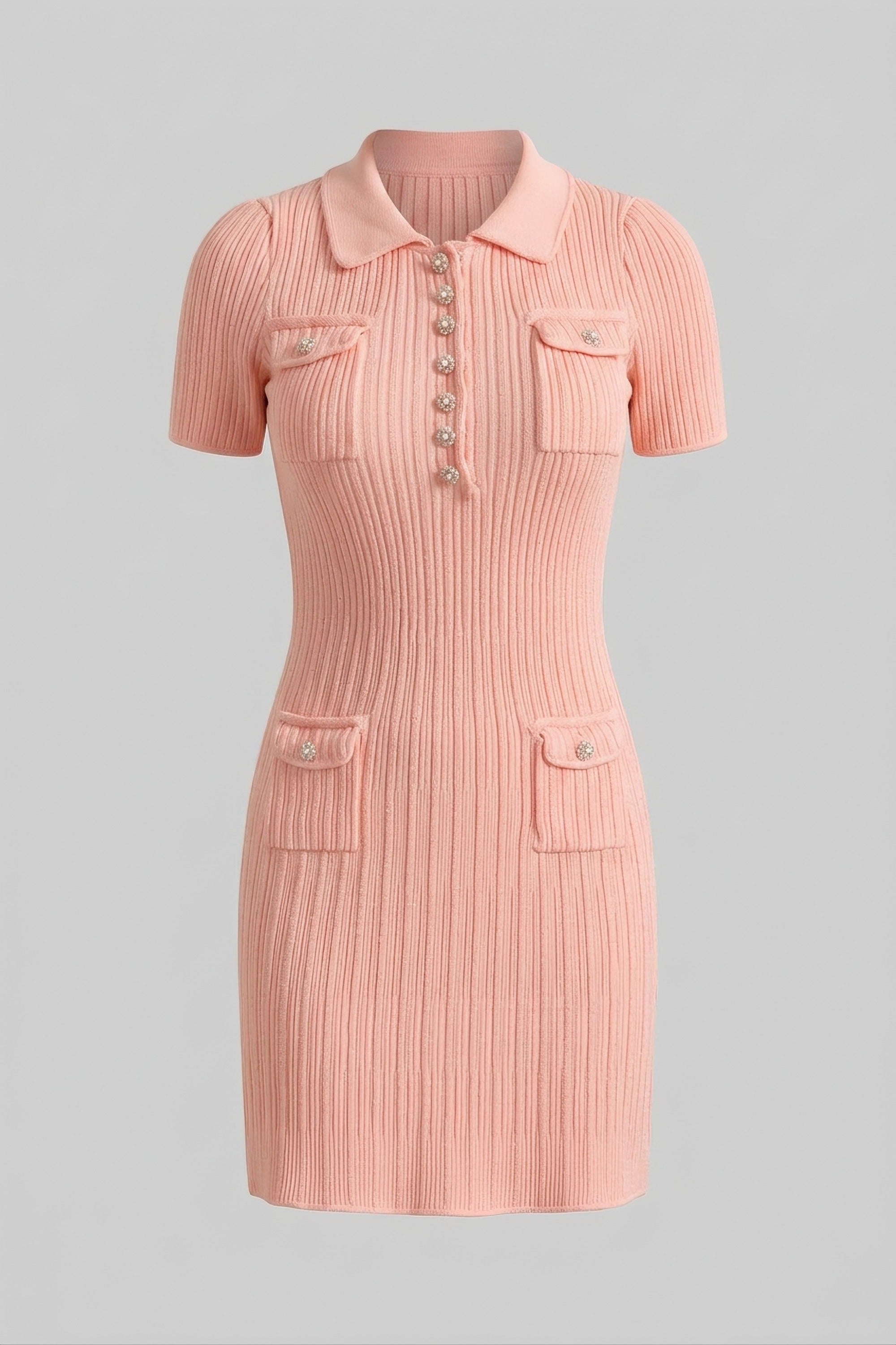 Rochie mini tricotată cu nervuri și nasturi în față - Peach 
