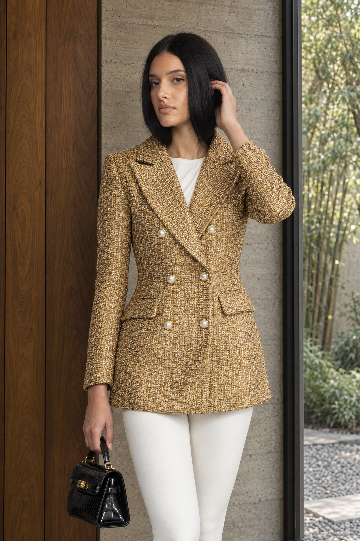 Metallic Tweed Double-Breasted Blazer with Pearl Buttons - Gold