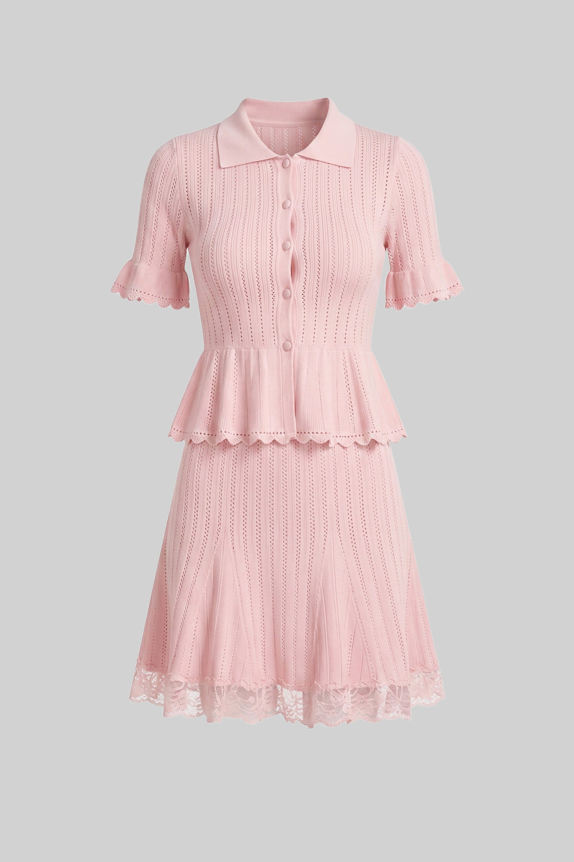 Rochie mini tricotată peplum cu guler Peter Pan și tiv din dantelă - roz 