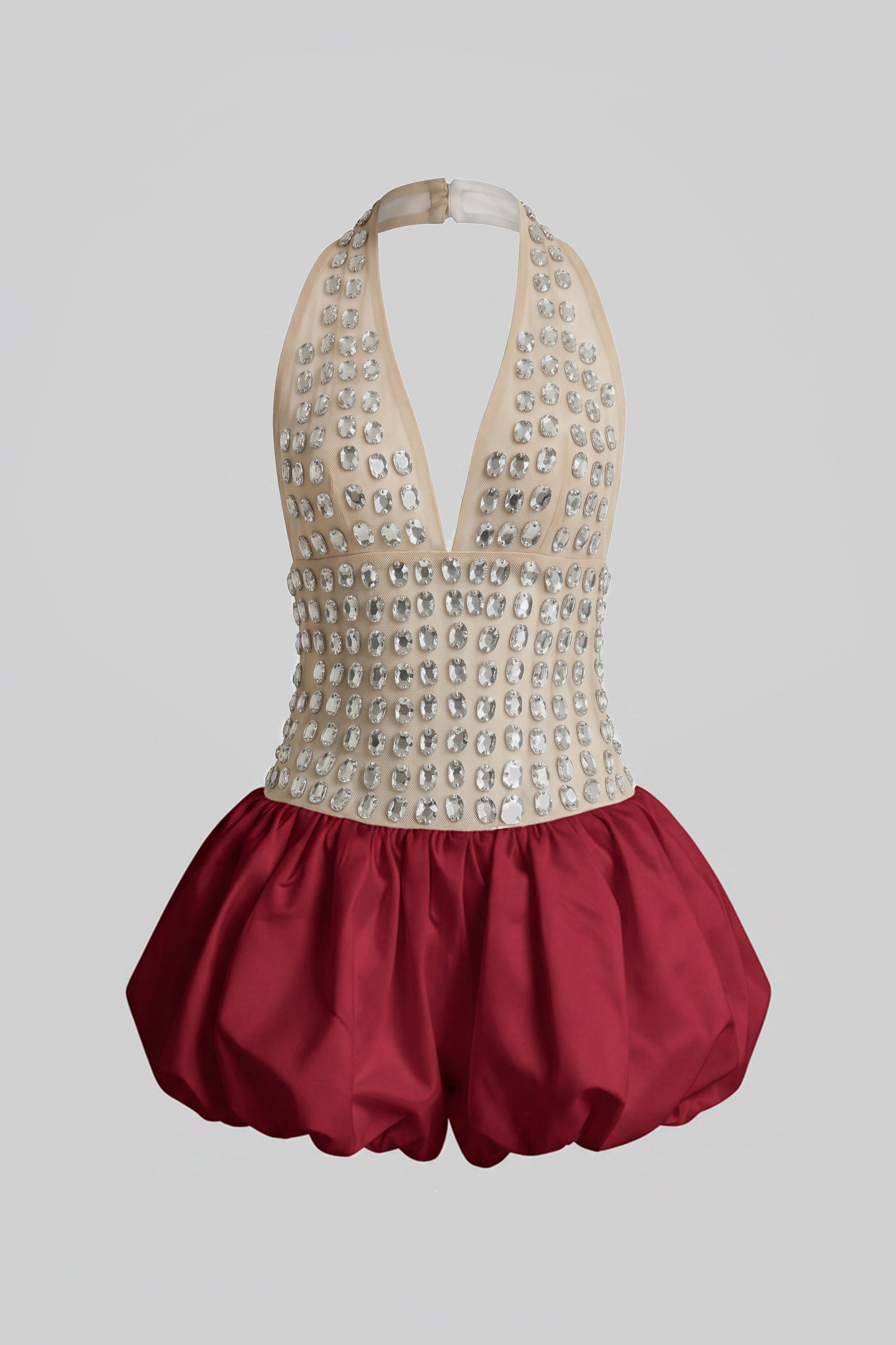 Rochie mini halter cu aplicații de cristale și fustă bubble - Roșu 