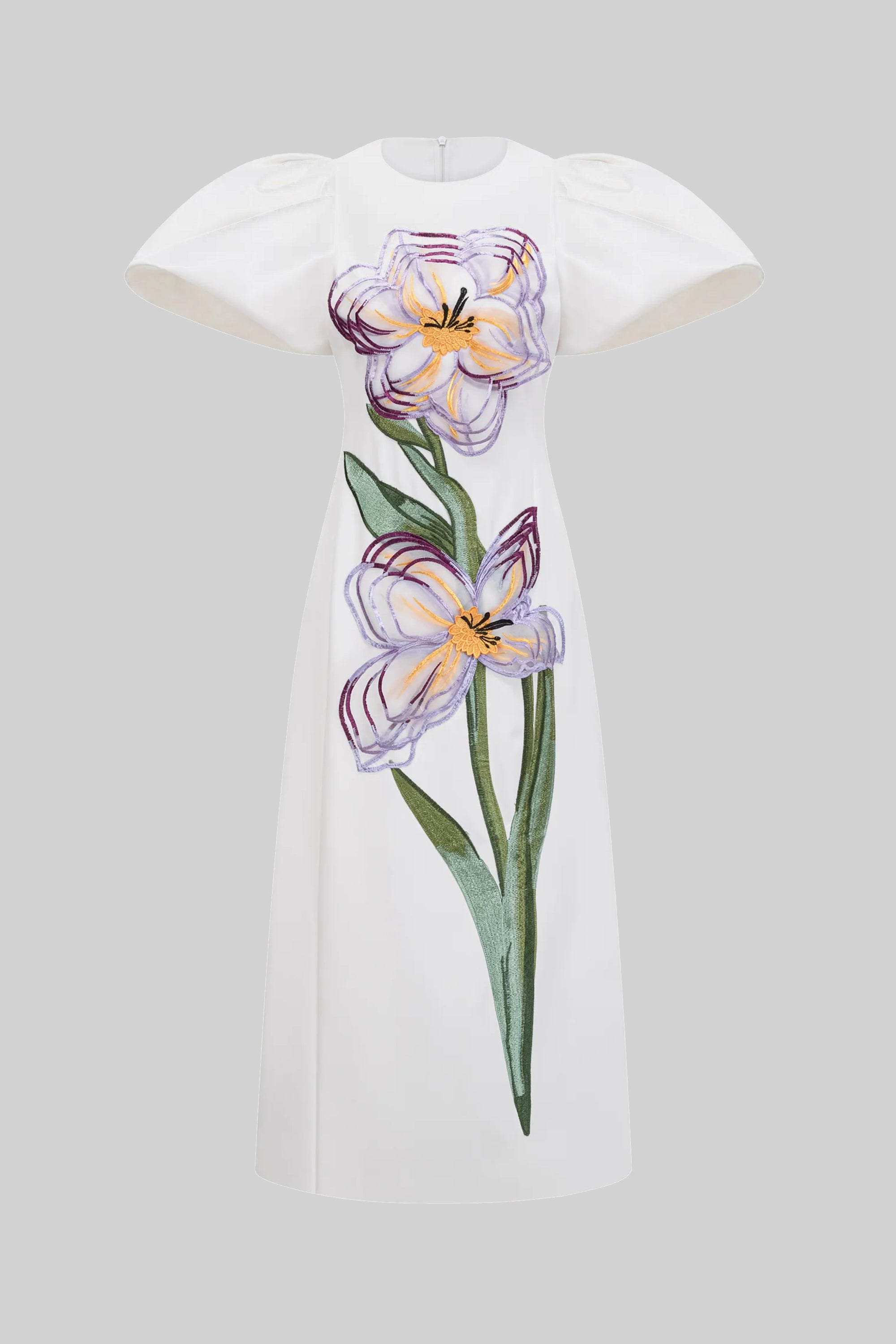 Rochie maxi structurată cu umeri accentuați și aplicație florală iris 3D - Alb 