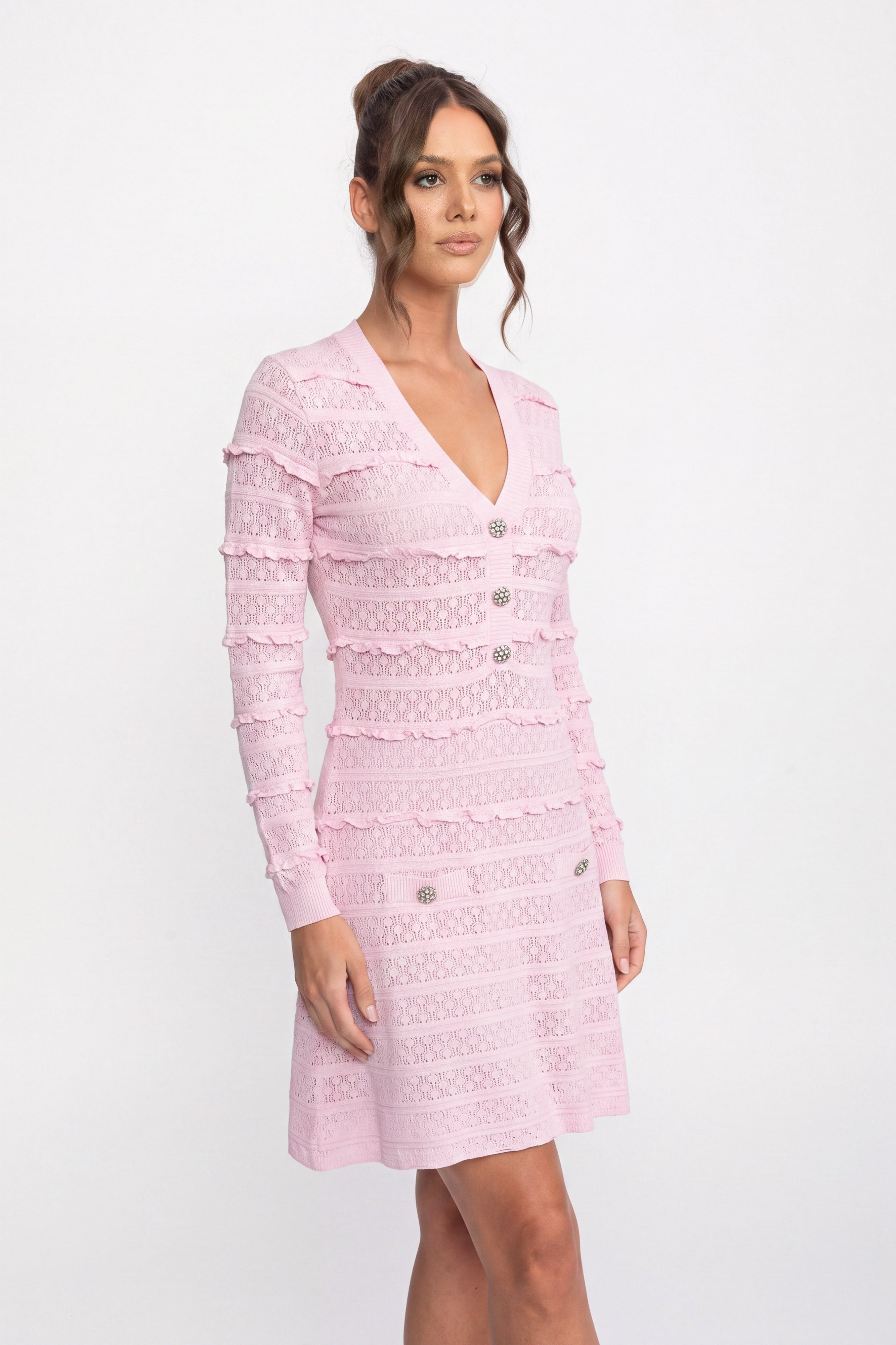 Rochie tricotată fit and flare cu închidere în față, cu nasturi din cristal - Pink 