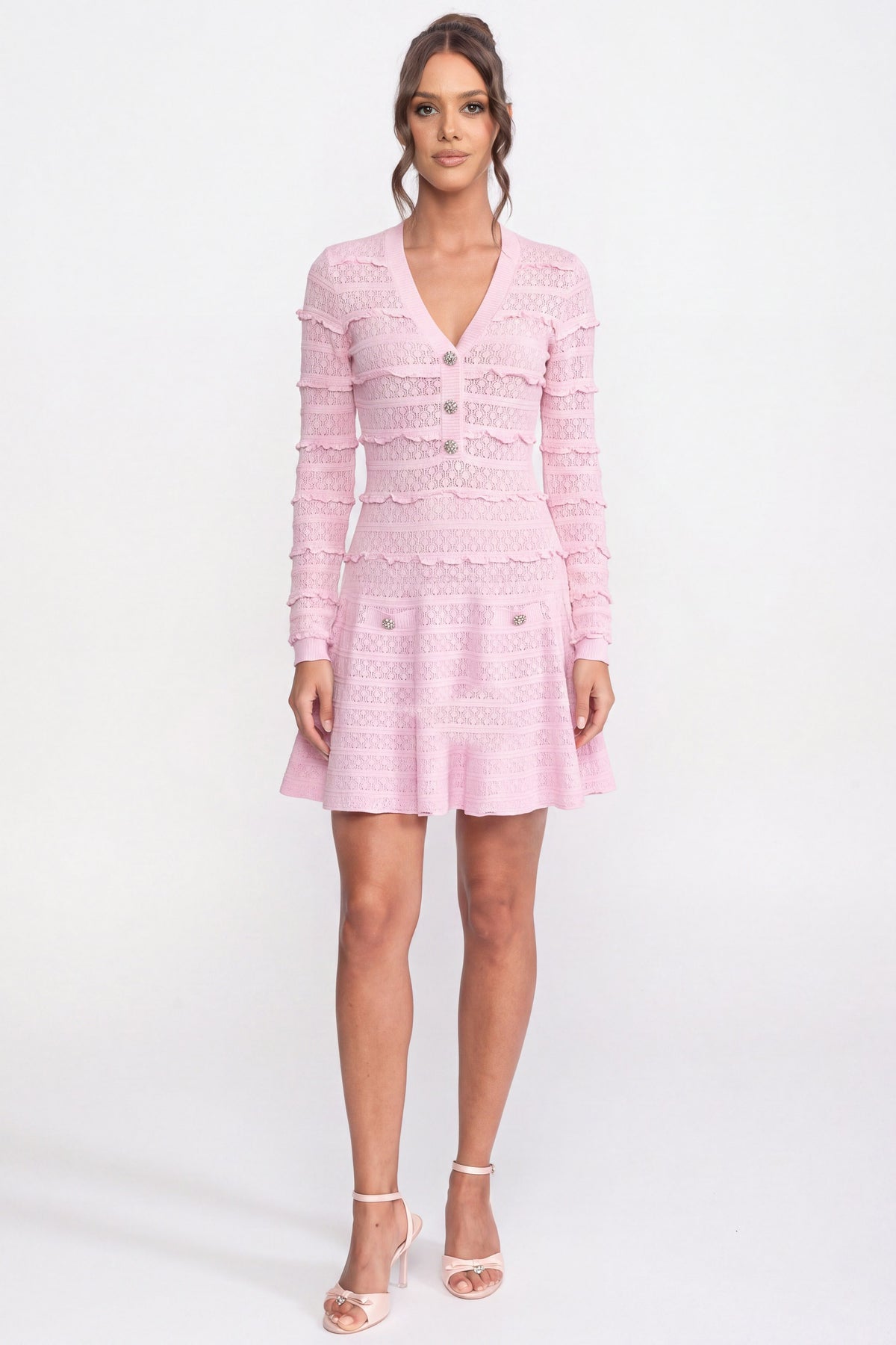 Rochie tricotată fit and flare cu închidere în față, cu nasturi din cristal - Pink 