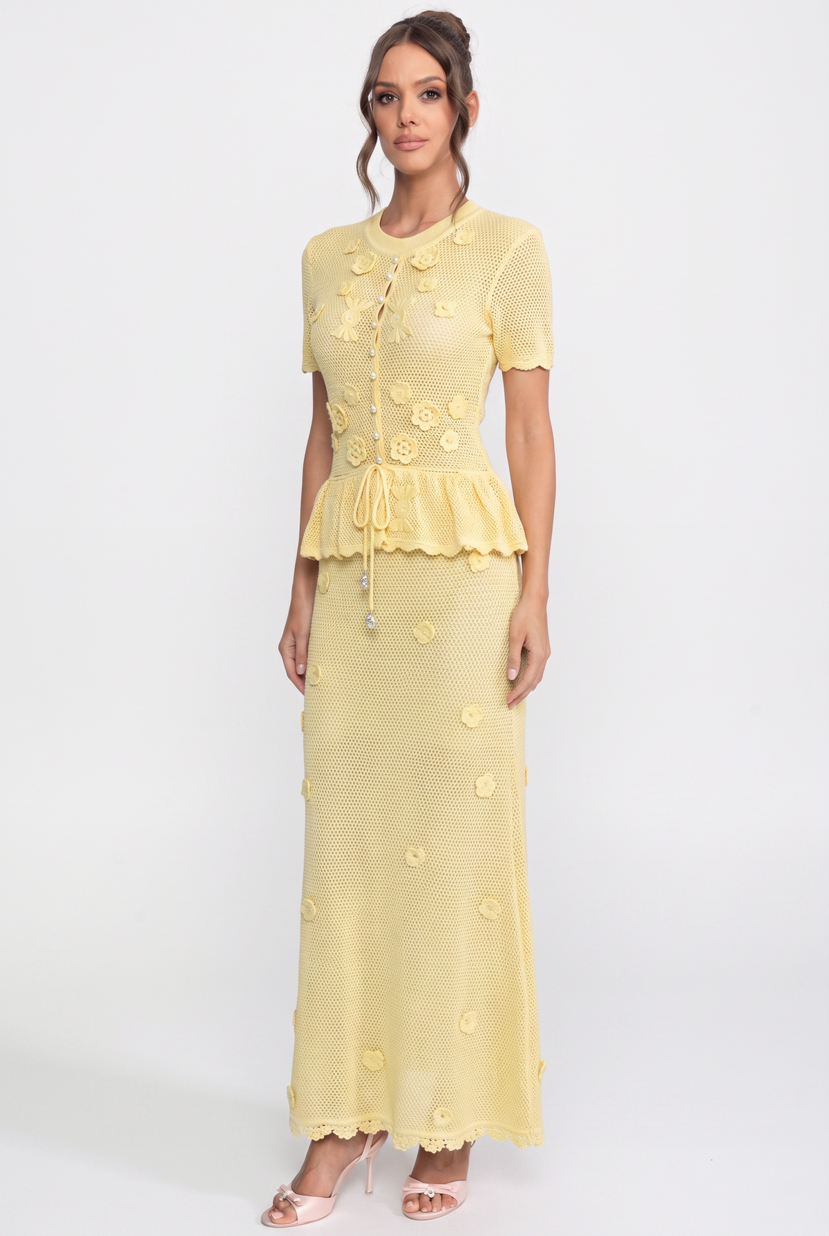 Rochie maxi peplum din croșetă florală, cu talie ajustabilă cu șnur - Galben 
