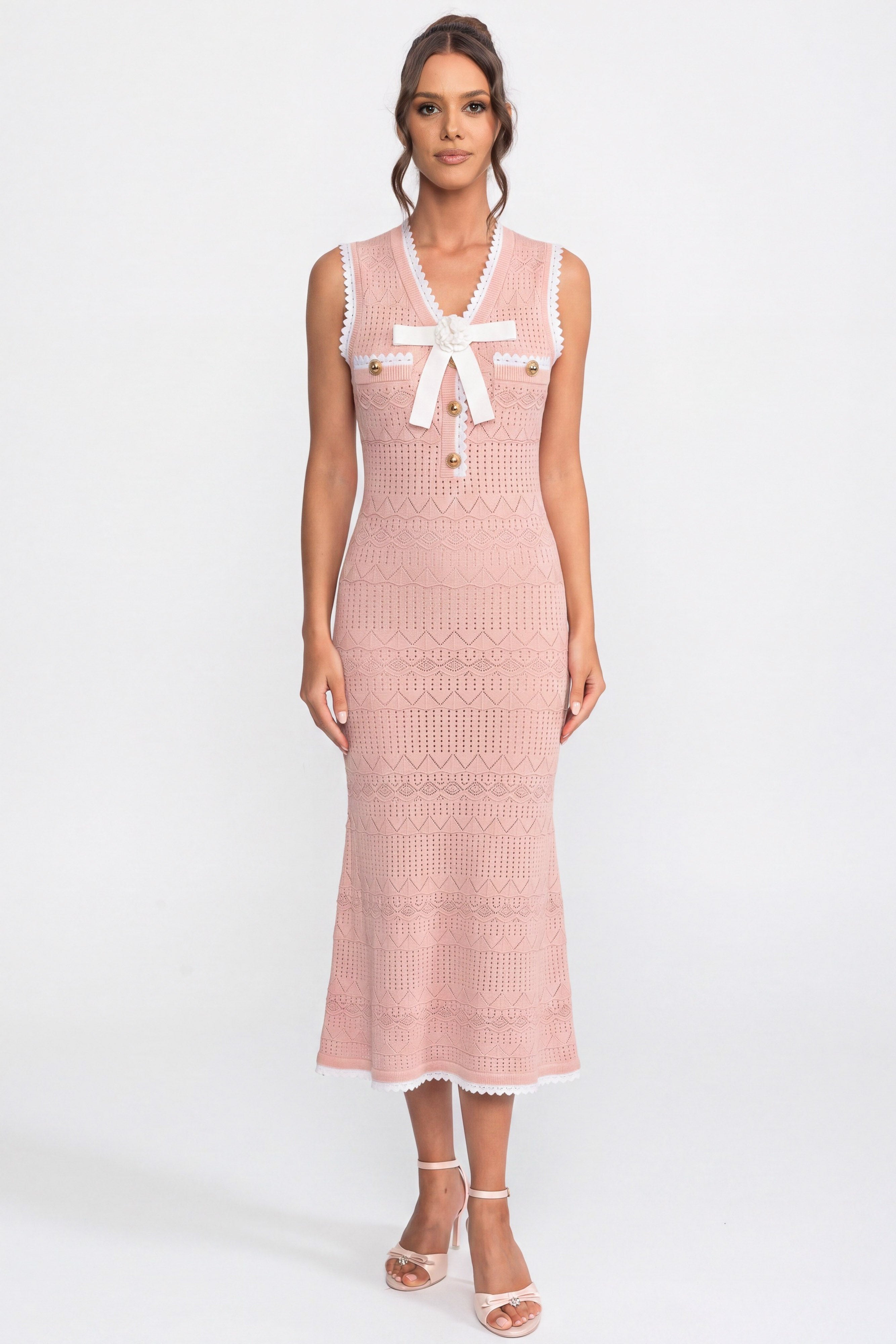 Crochet Knit Midi Dress With Black Trim And Bow - Pink