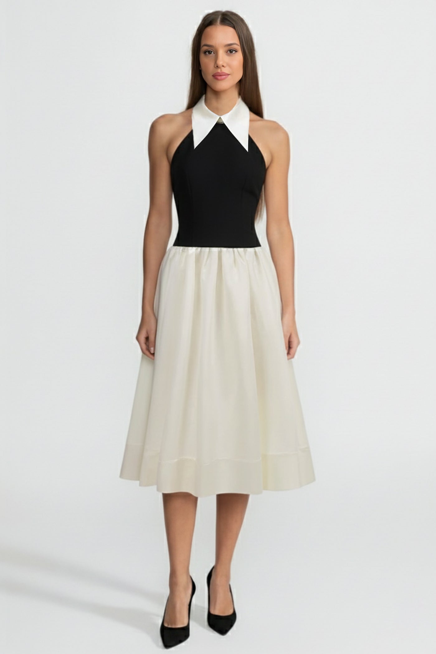 Halter Maxi Dress With Satin Collar and Full Skirt – Black/Ivoire