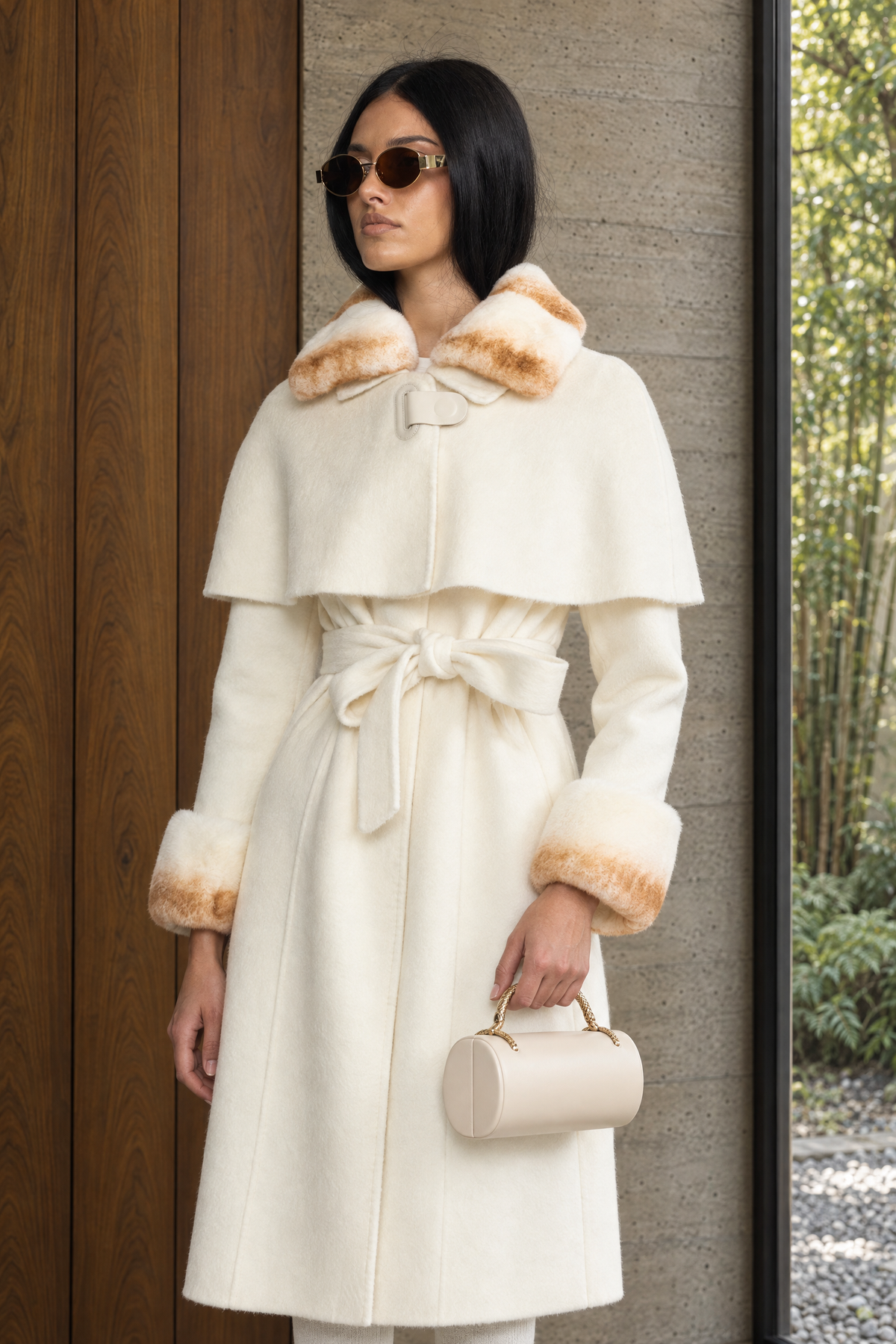 Rex Rabbit Fur Collar Capelet Wool Coat - Ivoire