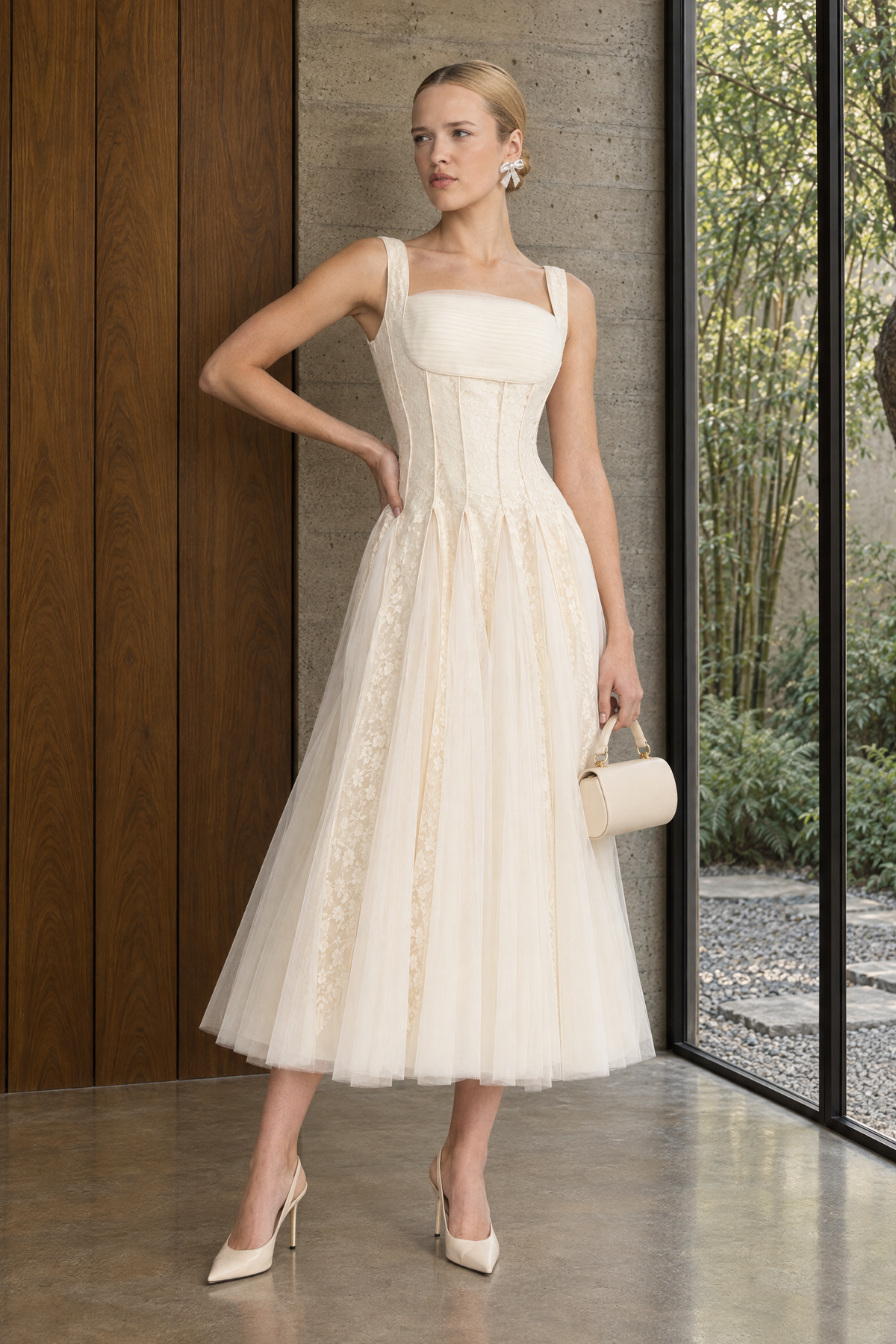 Lace Panel Corset Tulle Midi Dress - Ivoire