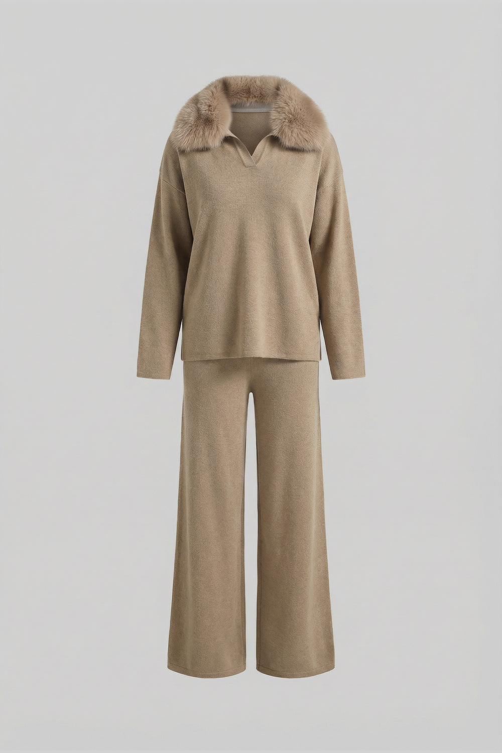 Set Lounge Tricotat Co-Ord cu Guler din Blană de Vulpe – Kaki 