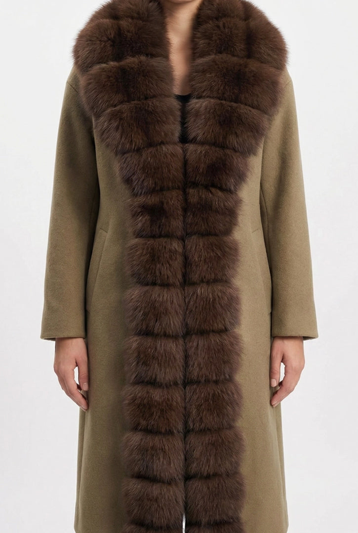 Wool Long Coat with Fox Fur Front – Khaki