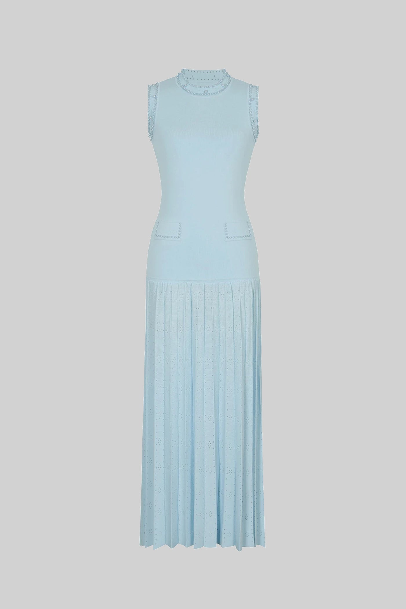 Knitted Sleeveless Midi Dress With Pearl Embellishments - Blue