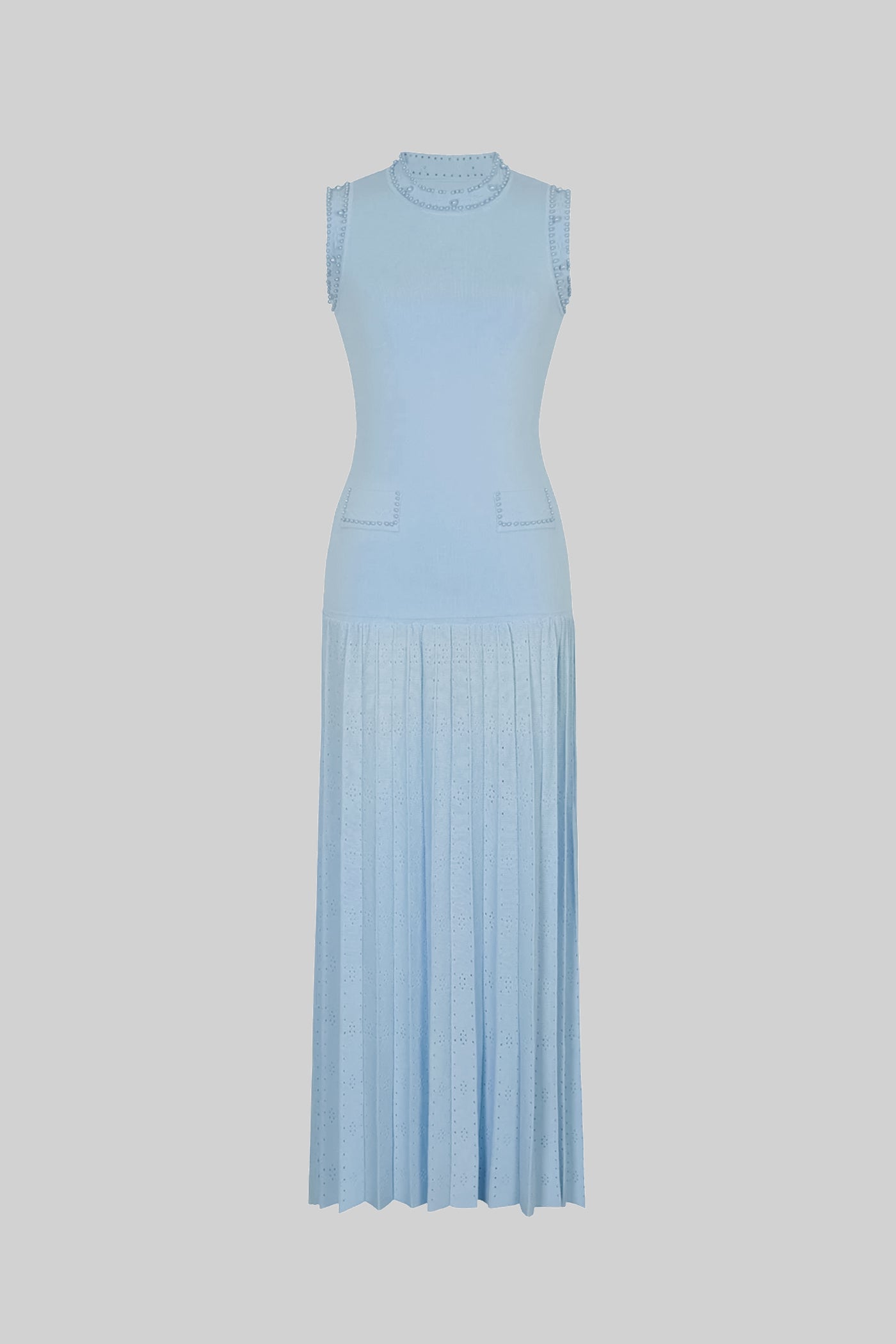 Knitted Sleeveless Midi Dress With Pearl Embellishments - Blue