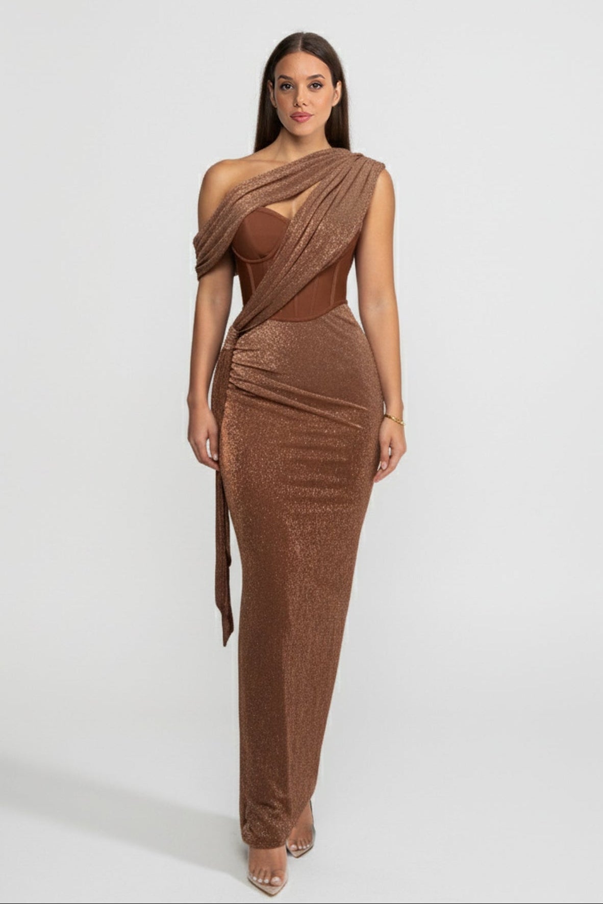 One-Shoulder Metallic Drape Dress With Structured Corset – Brown/Bronze