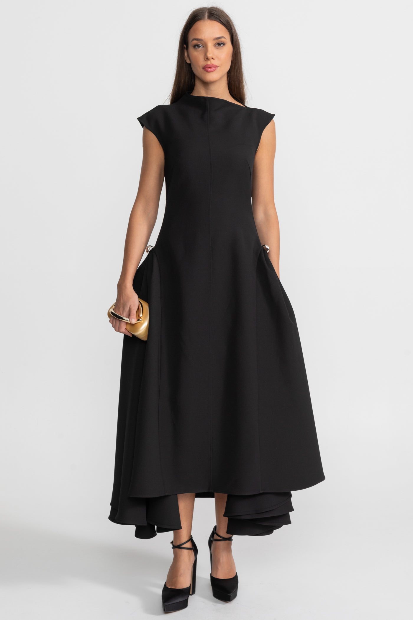 Structured Midi Dress with High-Low Hem and Metal Ring Details - Black